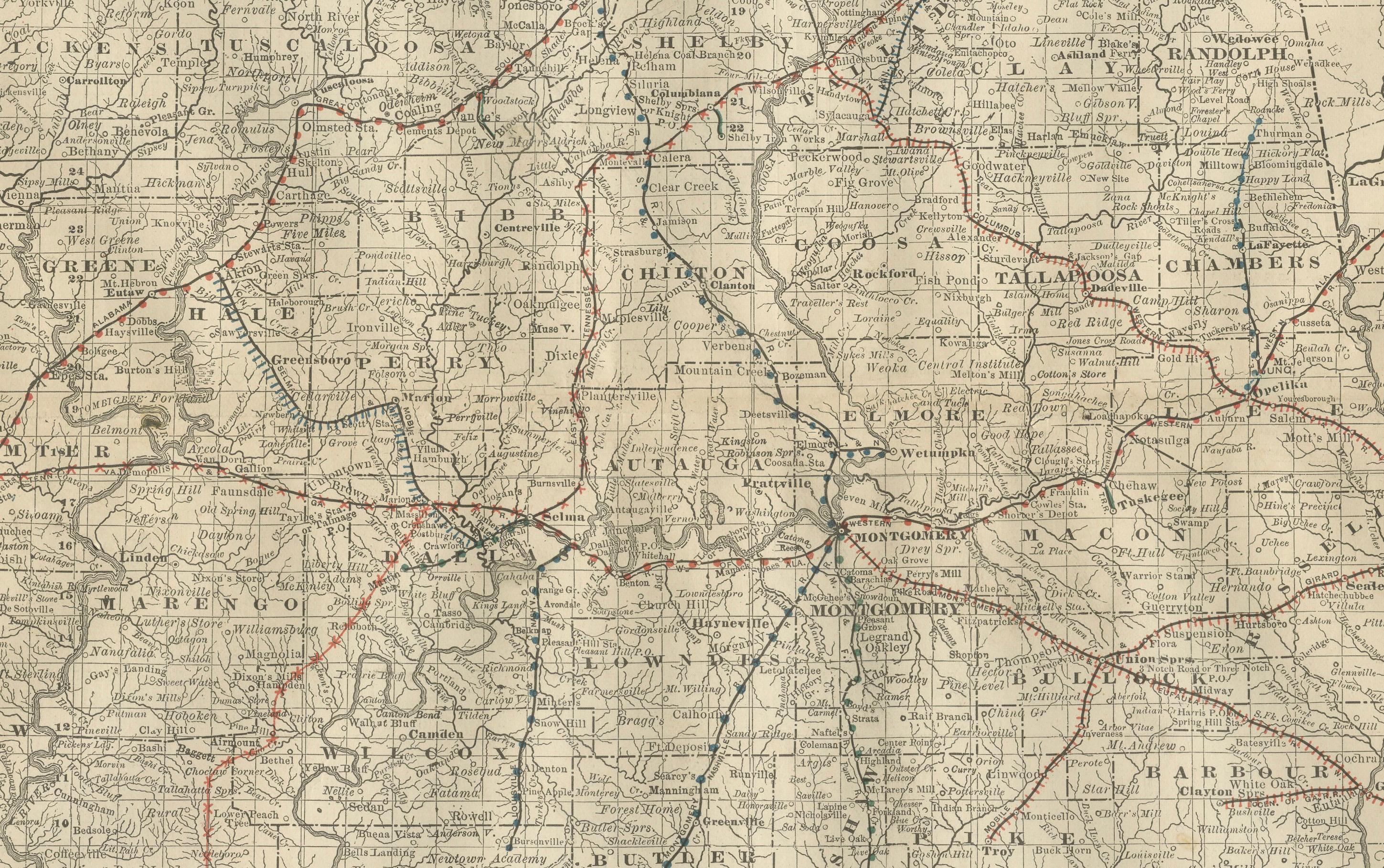 Mappa antica dell'Alabama 1888 - Il cuore di Dixie, ferrovie e Townes in vendita 2