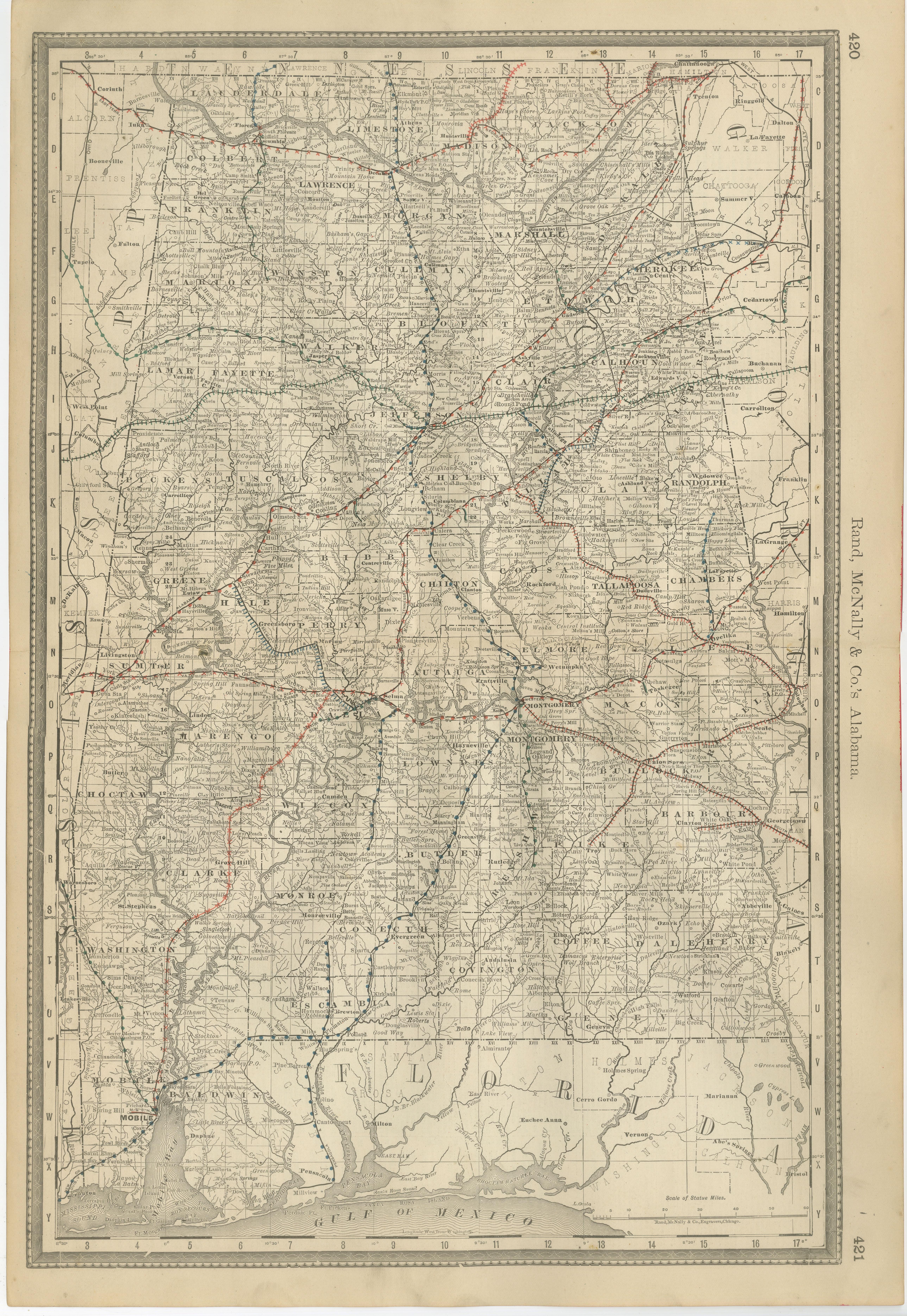 Mappa antica dell'Alabama 1888 - Il cuore di Dixie, ferrovie e Townes in vendita