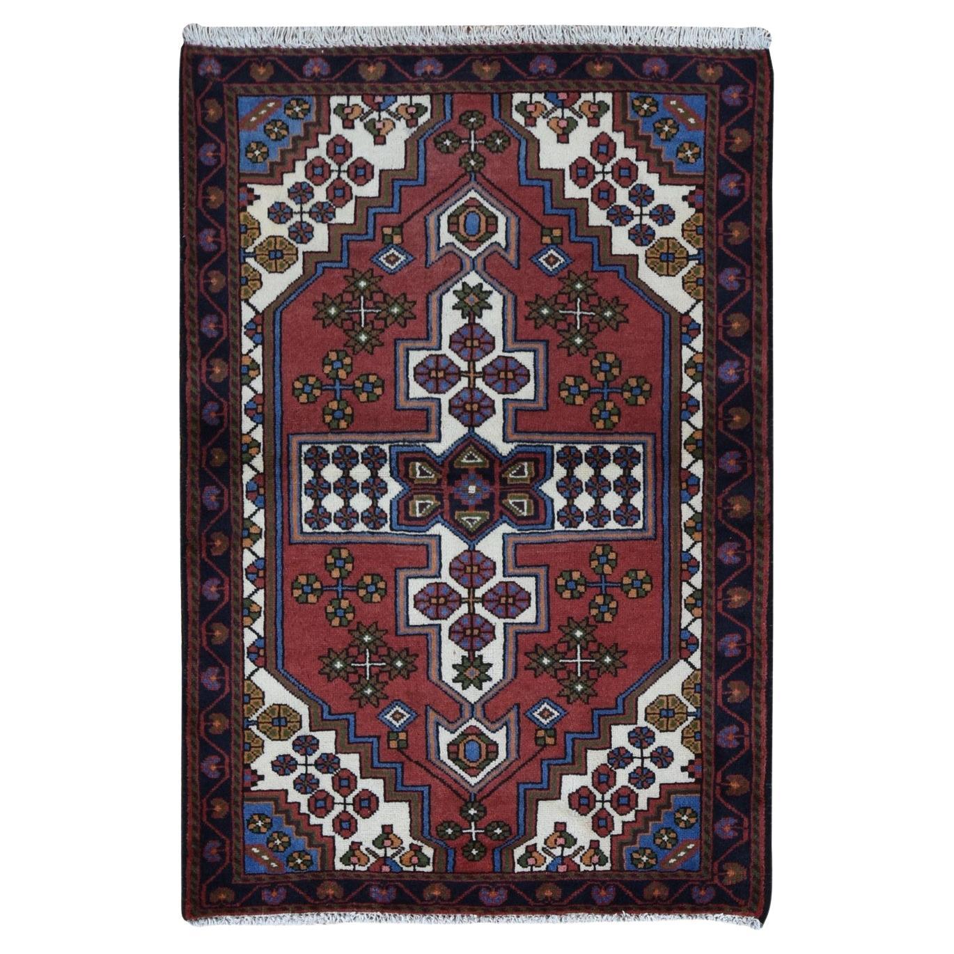 Alabama Crimson Red Vintage Bohemian Persian Hamadan Pure Wool Hand Knotted Rug For Sale