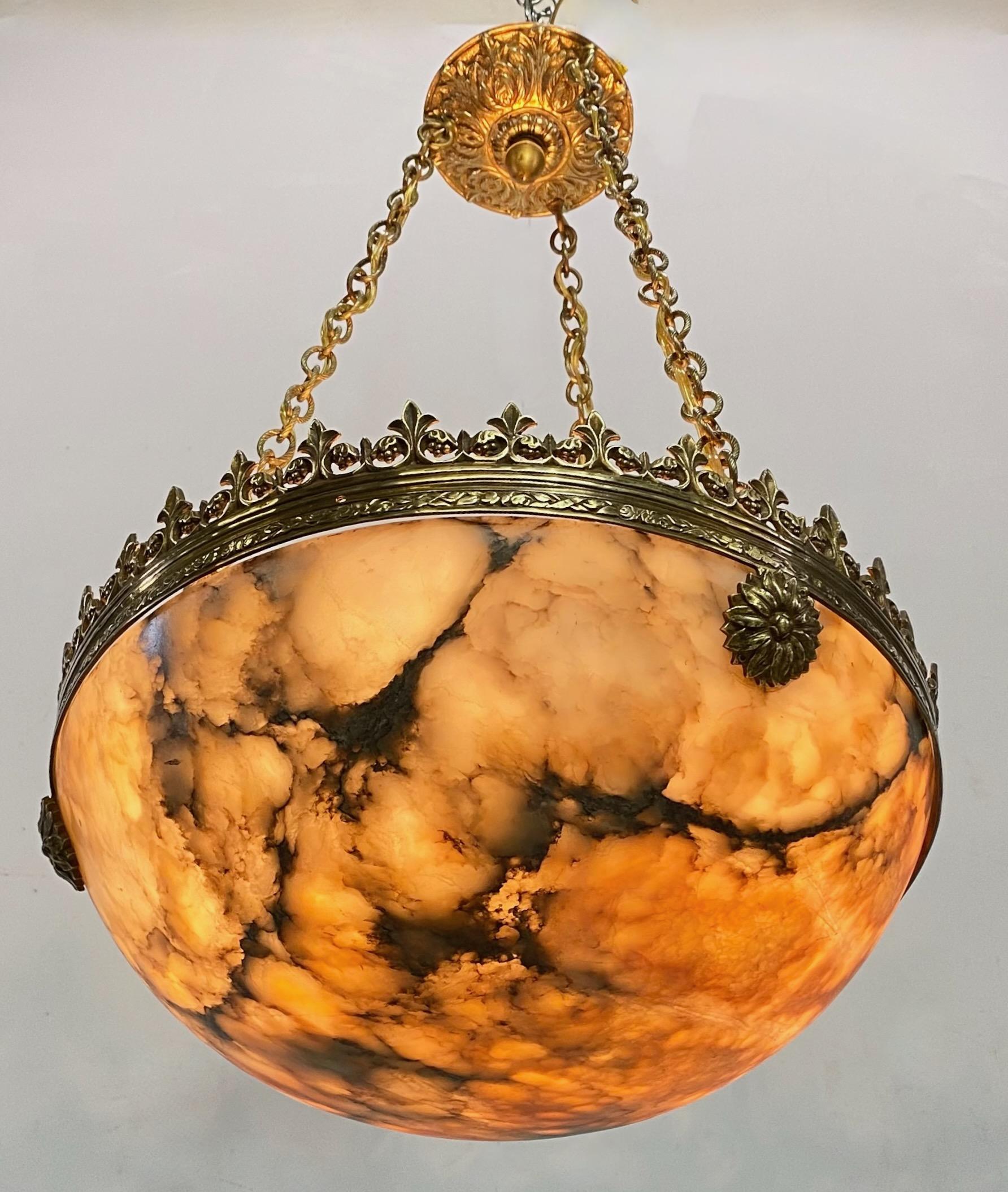 Alabaster and Brass Light Fixture, Early 20th Century Circa 1910 In Good Condition For Sale In San Francisco, CA