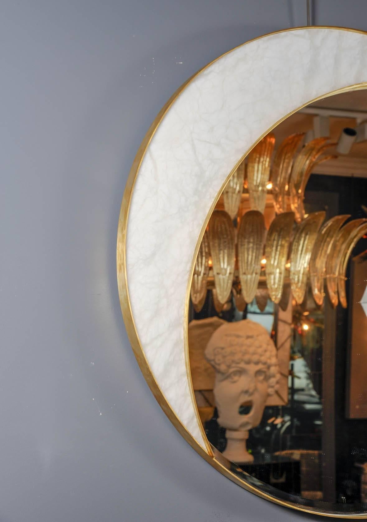 Alabaster and brass mirror by studio Glustin, limited edition, half circle shape.