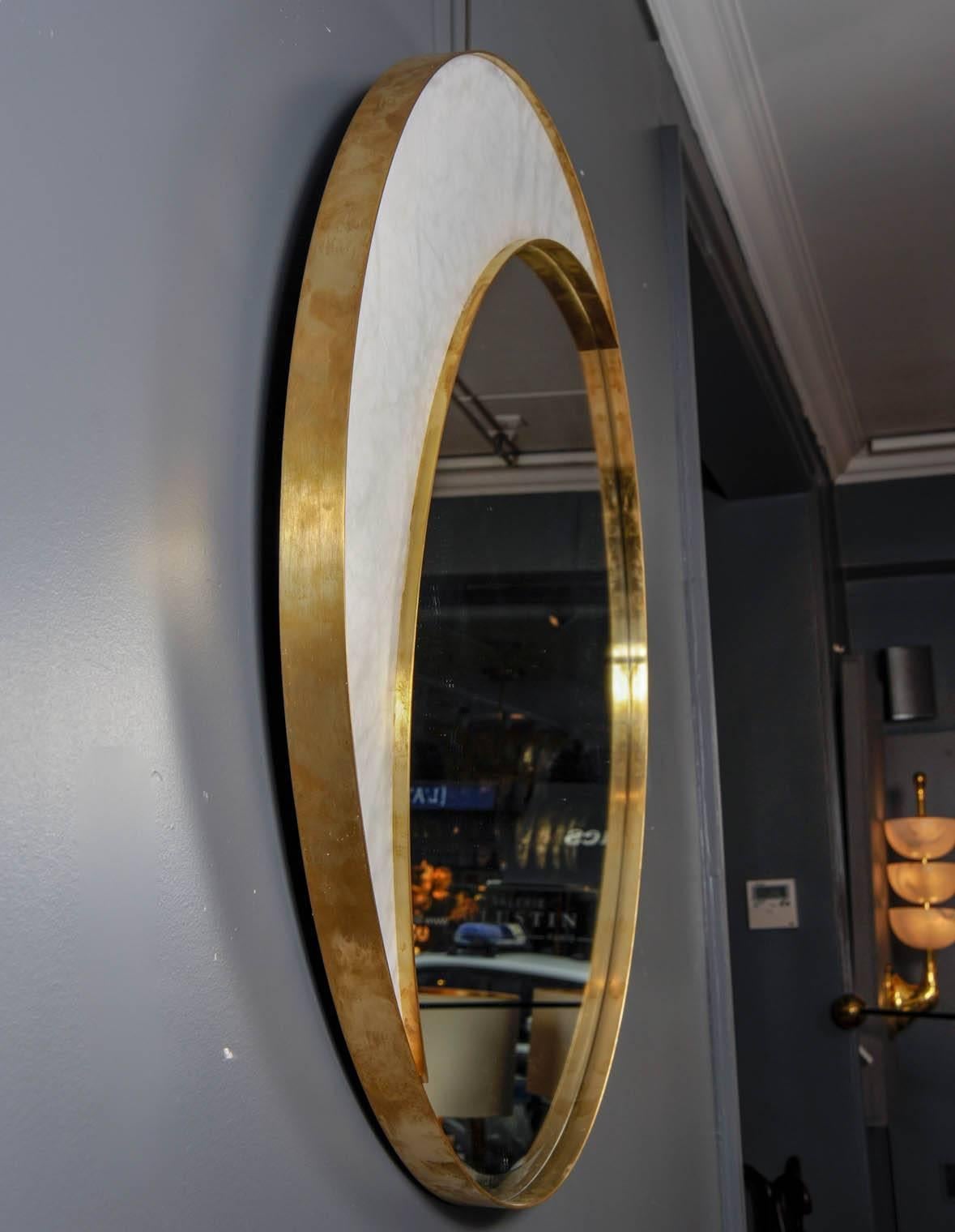 French Alabaster and Brass Mirror by Studio Glustin