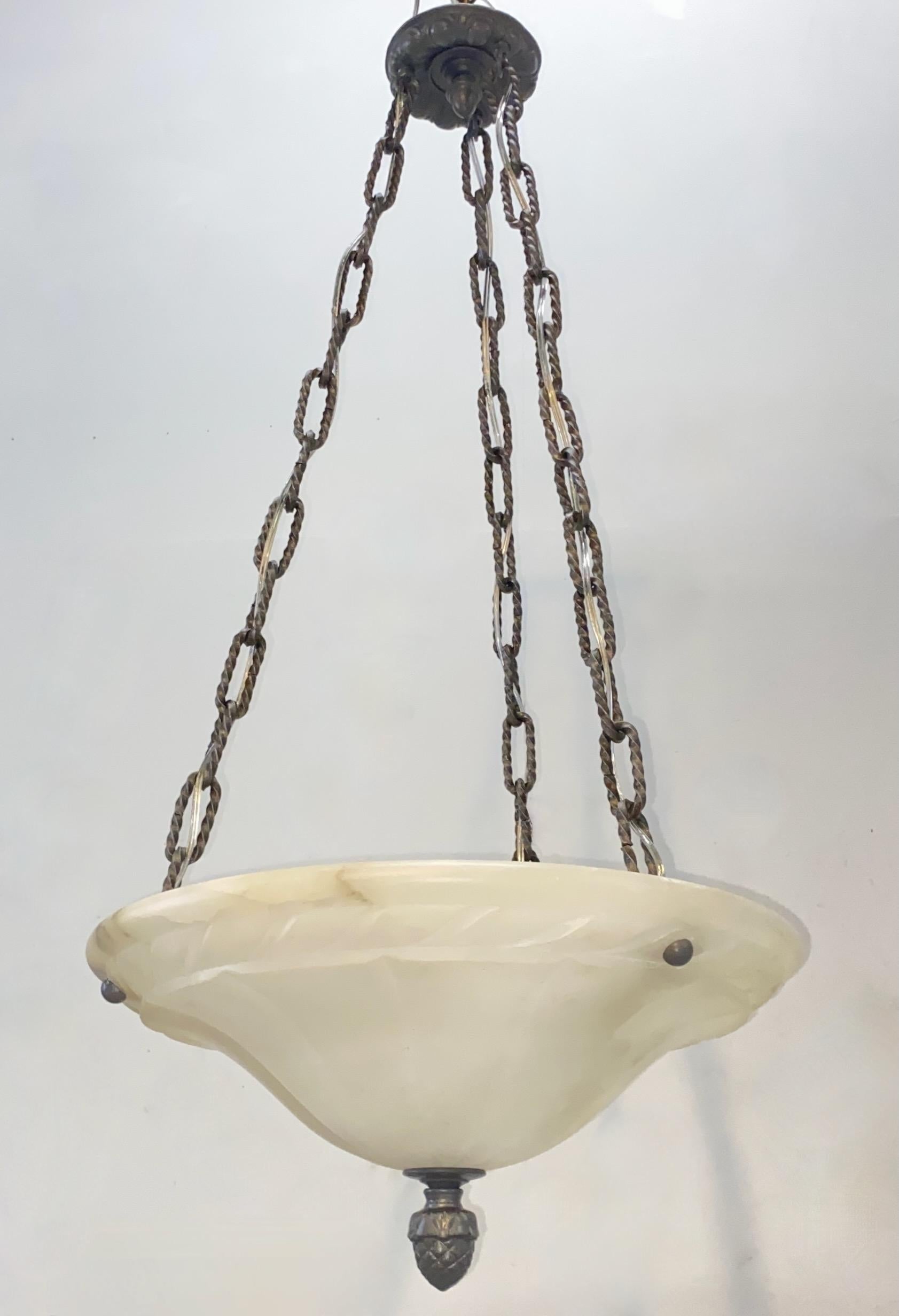 Neoclassical Alabaster and Brass Pendant Light Fixture For Sale