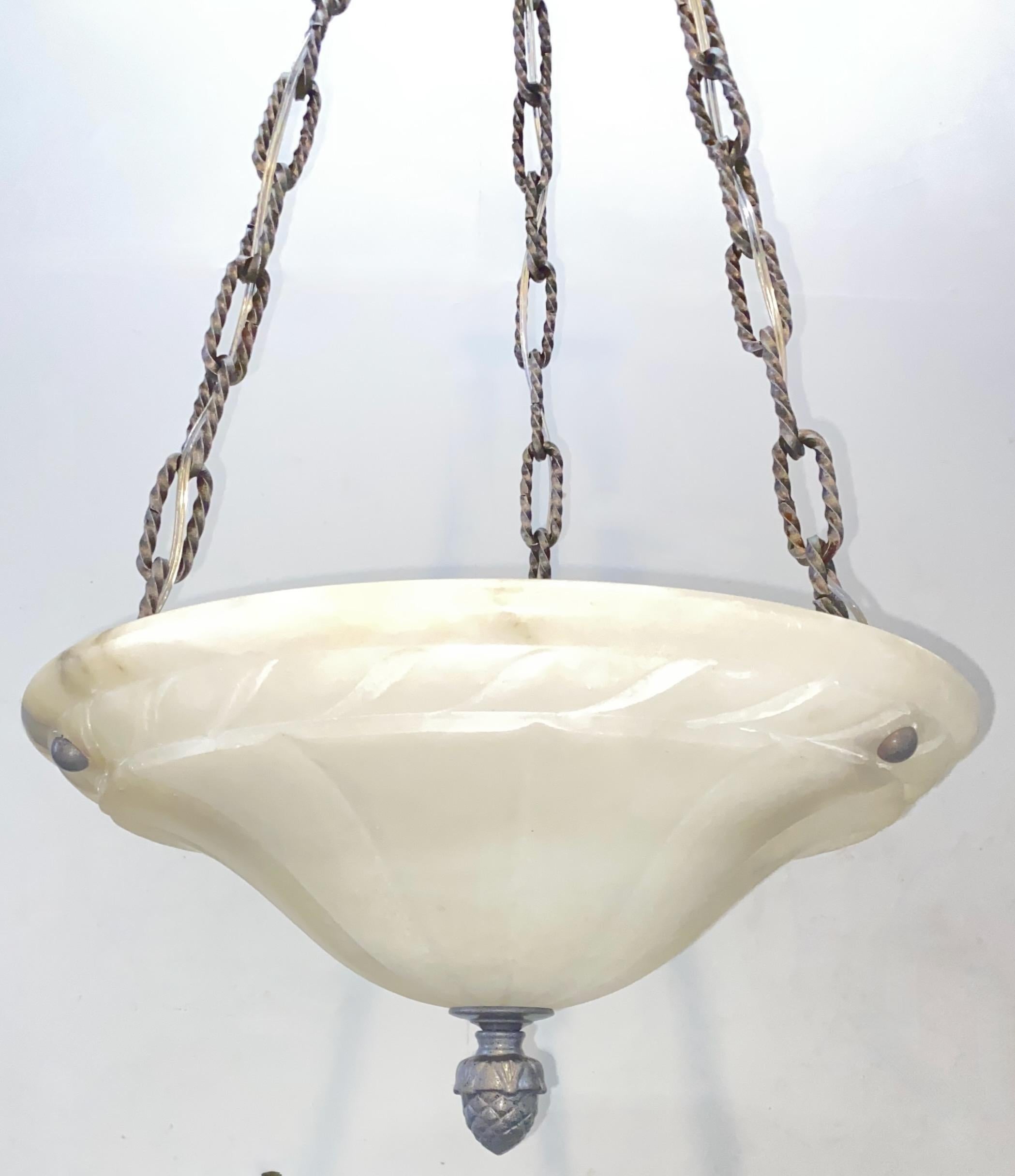 Alabaster and Brass Pendant Light Fixture For Sale 2