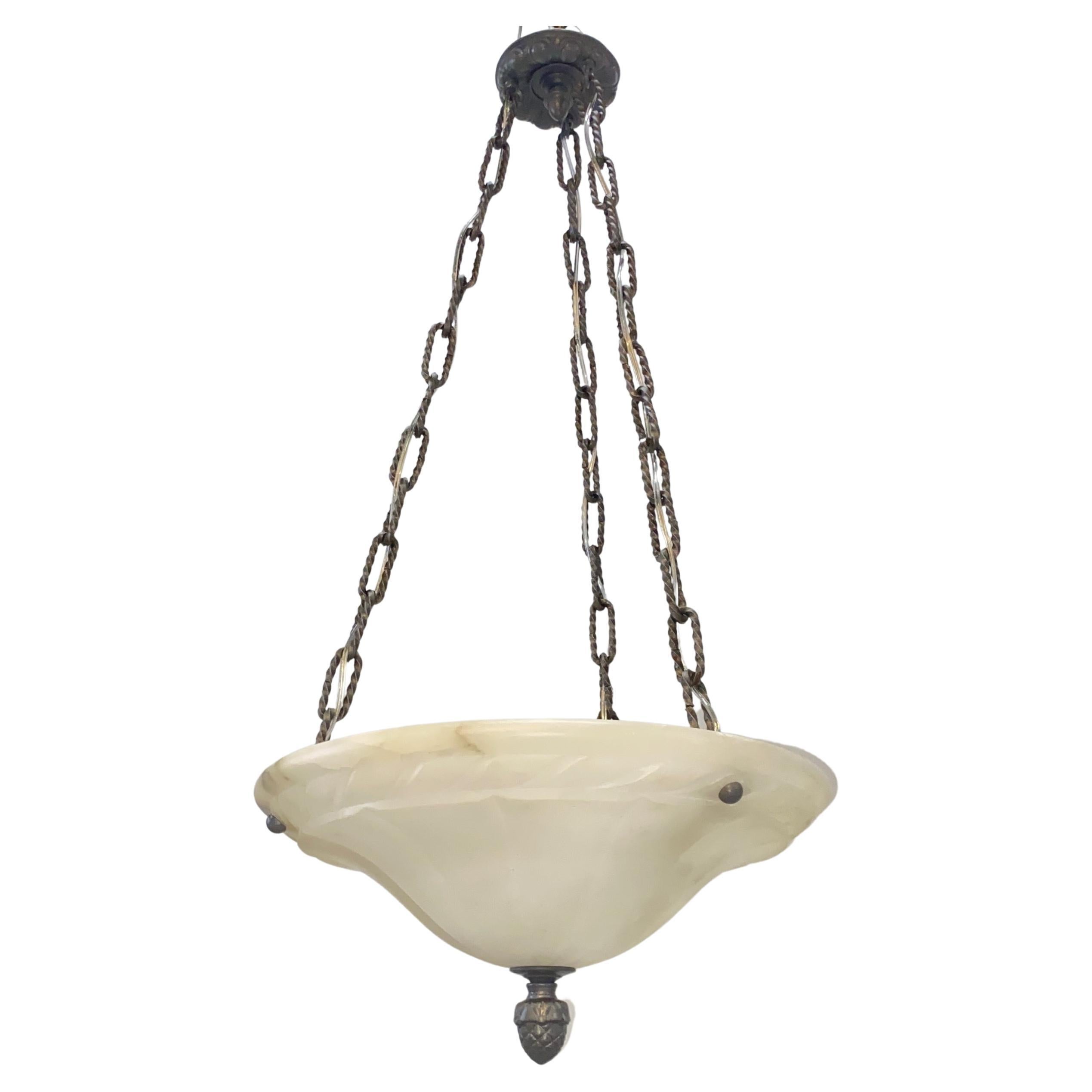 Alabaster and Brass Pendant Light Fixture For Sale