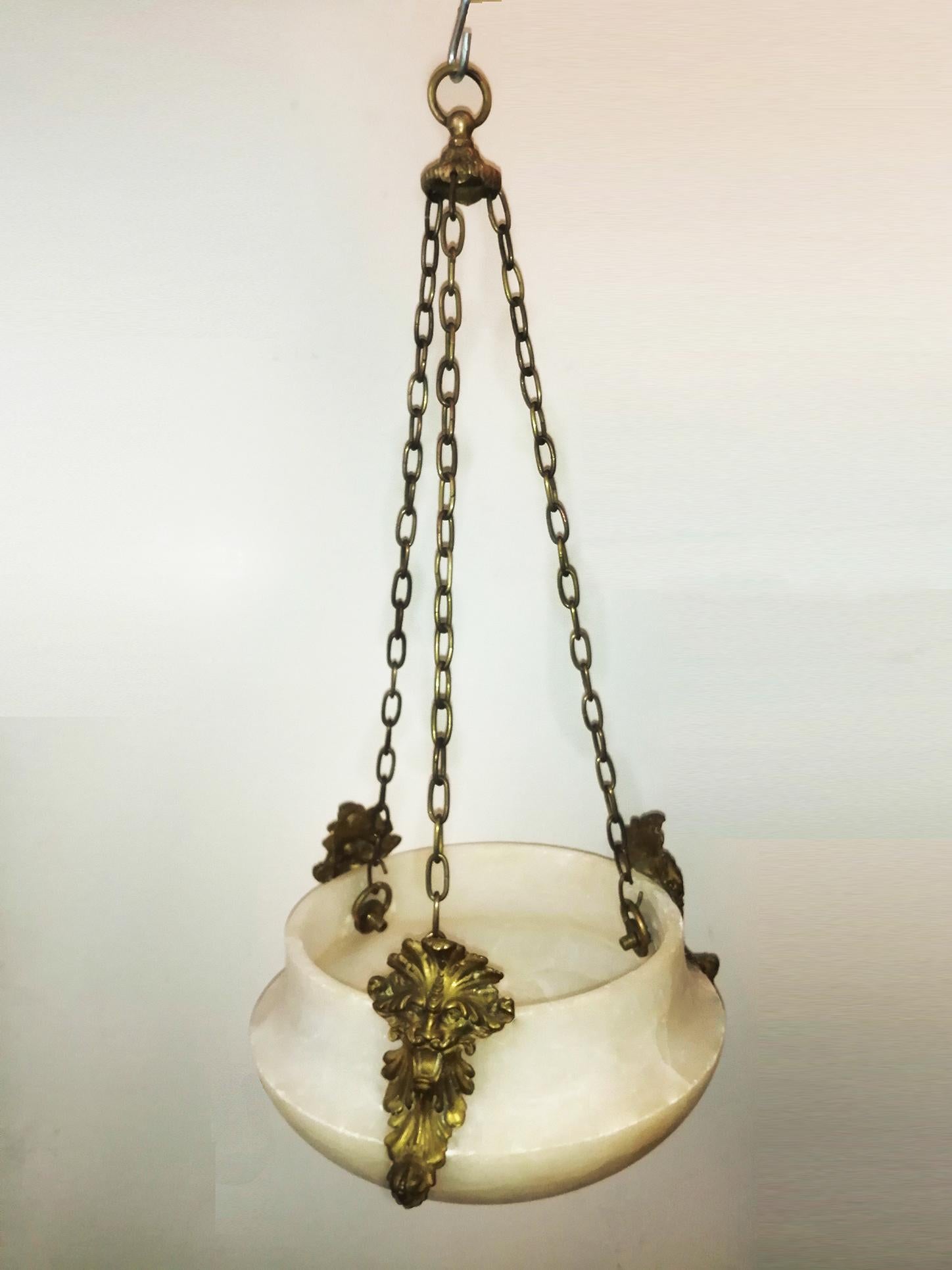 Bronze  Pendant Naturural Original Alabaster Art Deco Lantern Early 20th Century France