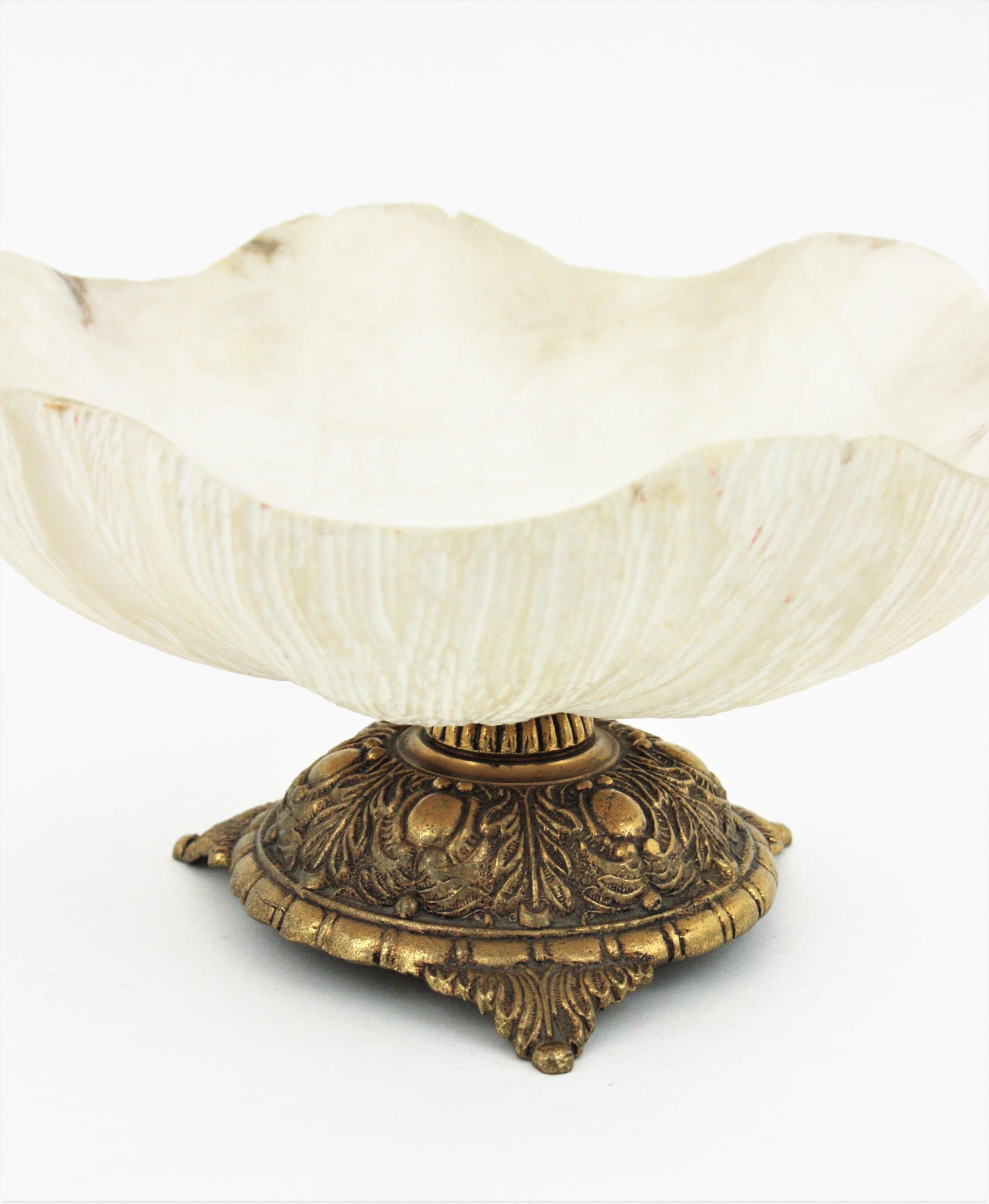 Carved Alabaster and Bronze Footed Centerpiece Bowl For Sale