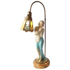 Alabaster and Bronze Semi Nude Figural Signed Lamp with Slag Glass Shade