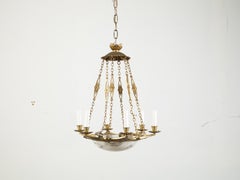 Alabaster and Bronze Three-Light Star-Shaped Chandelier with Foliage Motifs