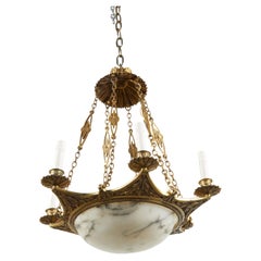 Alabaster and Bronze Three-Light Star-Shaped Chandelier with Foliage Motifs