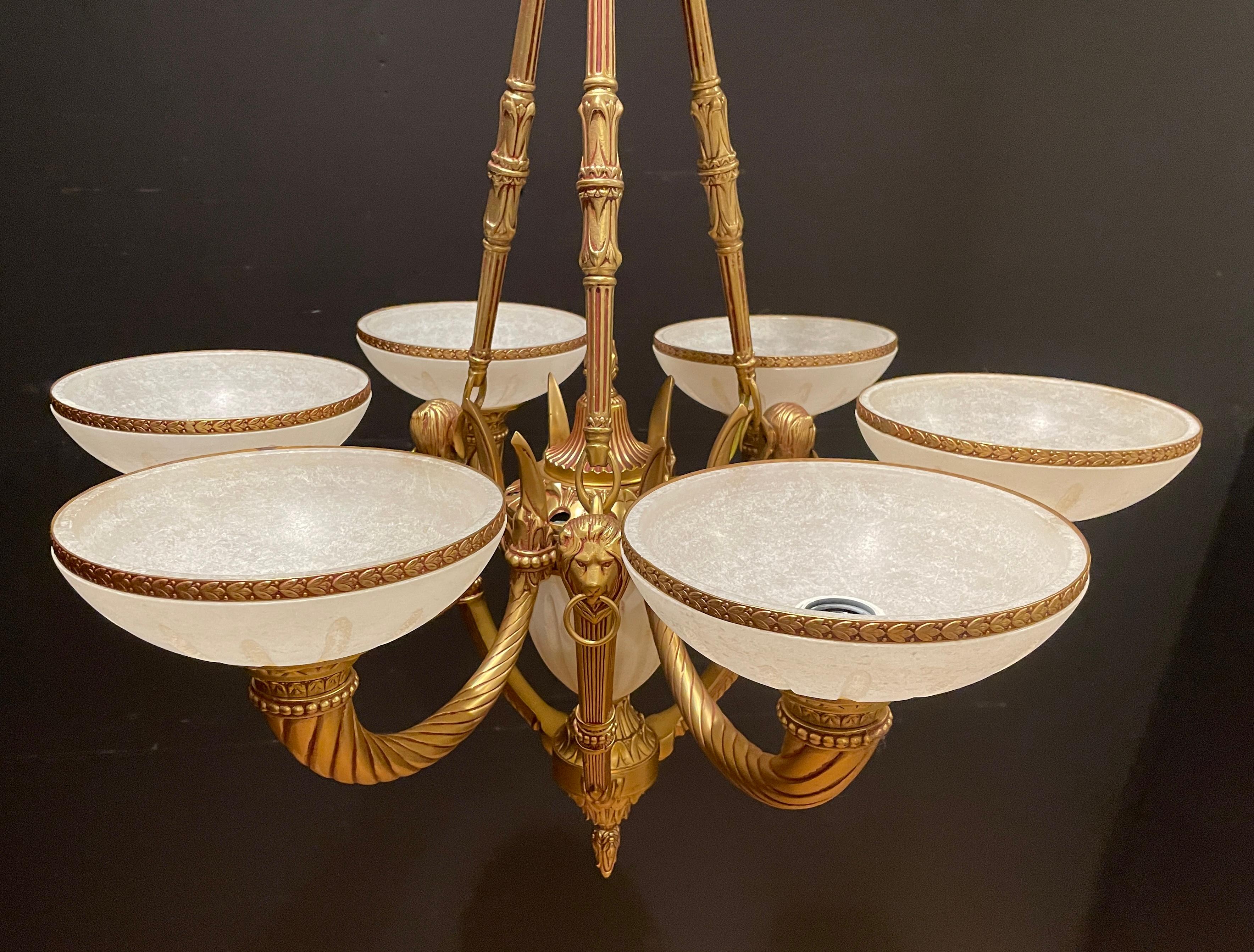 Italian Alabaster and Gilt Bronze Chandelier with Lion Heads