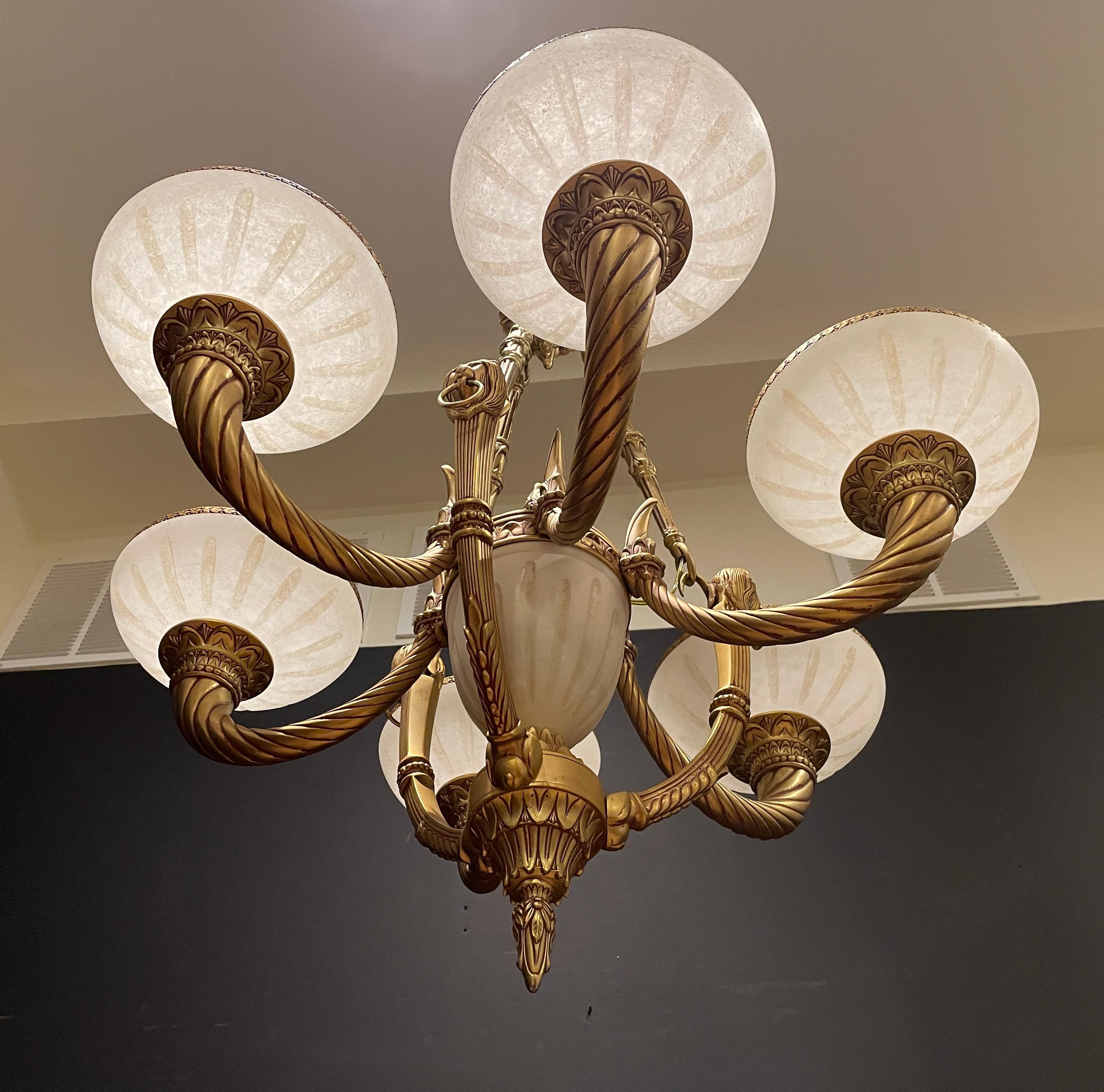 Alabaster and Gilt Bronze Chandelier with Lion Heads In Good Condition In Norwood, NJ