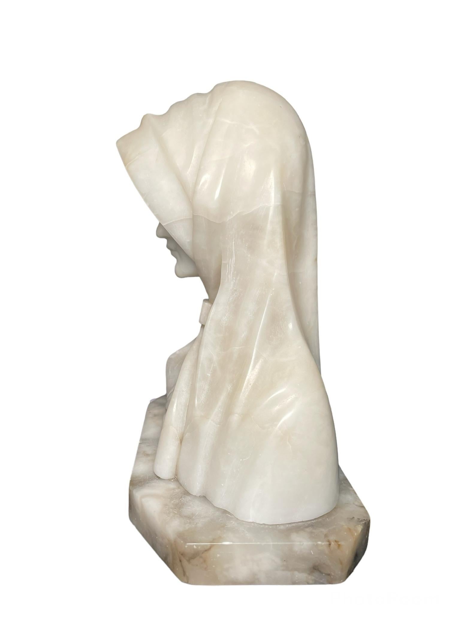 Hand-Carved Alabaster and Marble Bust of Saint Clare of Assisi For Sale