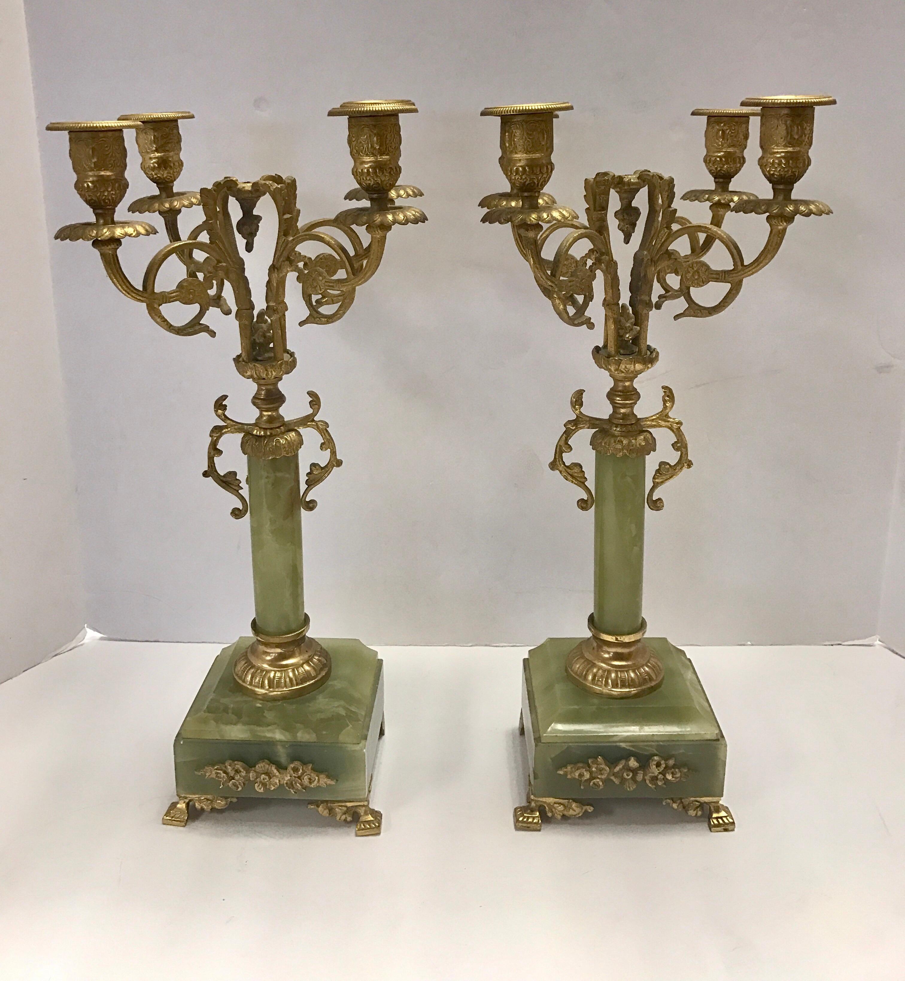 Onyx and Ormolu Bronze Three-Piece Garniture Set, Clock, Candelabras, Pair 3