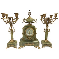 Onyx and Ormolu Bronze Three-Piece Garniture Set, Clock, Candelabras, Pair