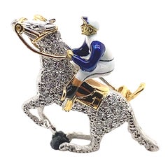 Alabaster and Wilson 18 Karat Diamond and Enamel Yellow Gold Horse Jockey Brooch