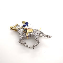 Alabaster and Wilson 18 Karat Diamond and Enamel Yellow Gold Horse Jockey Brooch