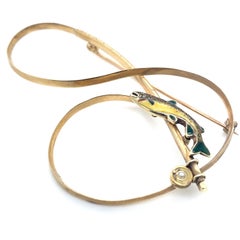Alabaster and Wilson Broche esmaltado vintage de pesca a mosca Oro amarillo de 9 quilates