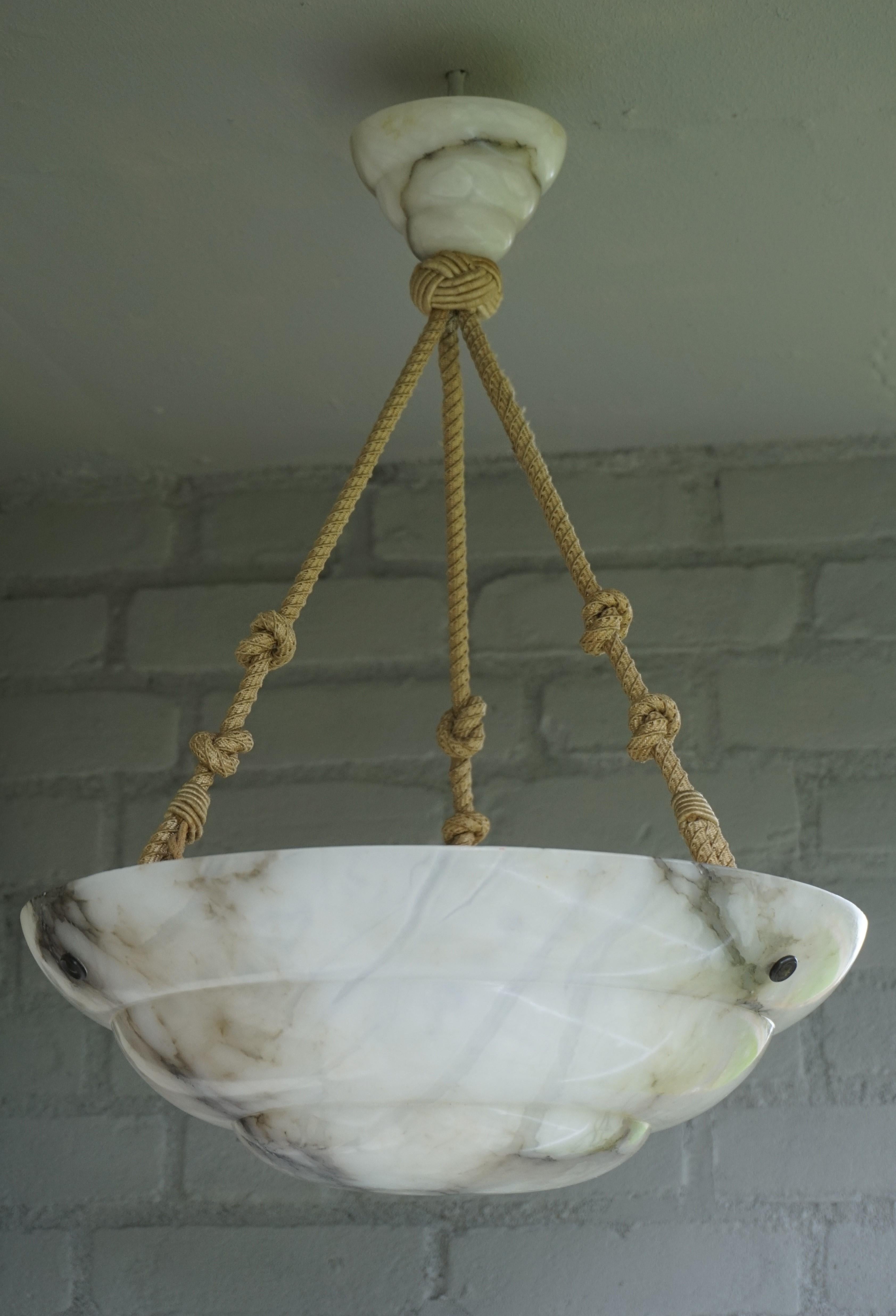 European Alabaster Art Deco Pendant / Chandelier with 3 Layered Alabaster Shade & Canopy
