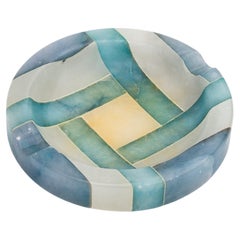 Alabaster Ashtray or Trinket - Stone Inlay - Marquetry Blue Shades - Italy 1970s