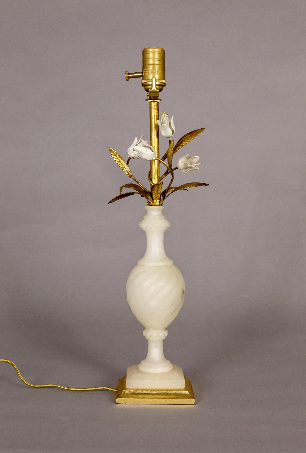 Italian Alabaster Balustraude Gilt Tole Flower Table Lamp