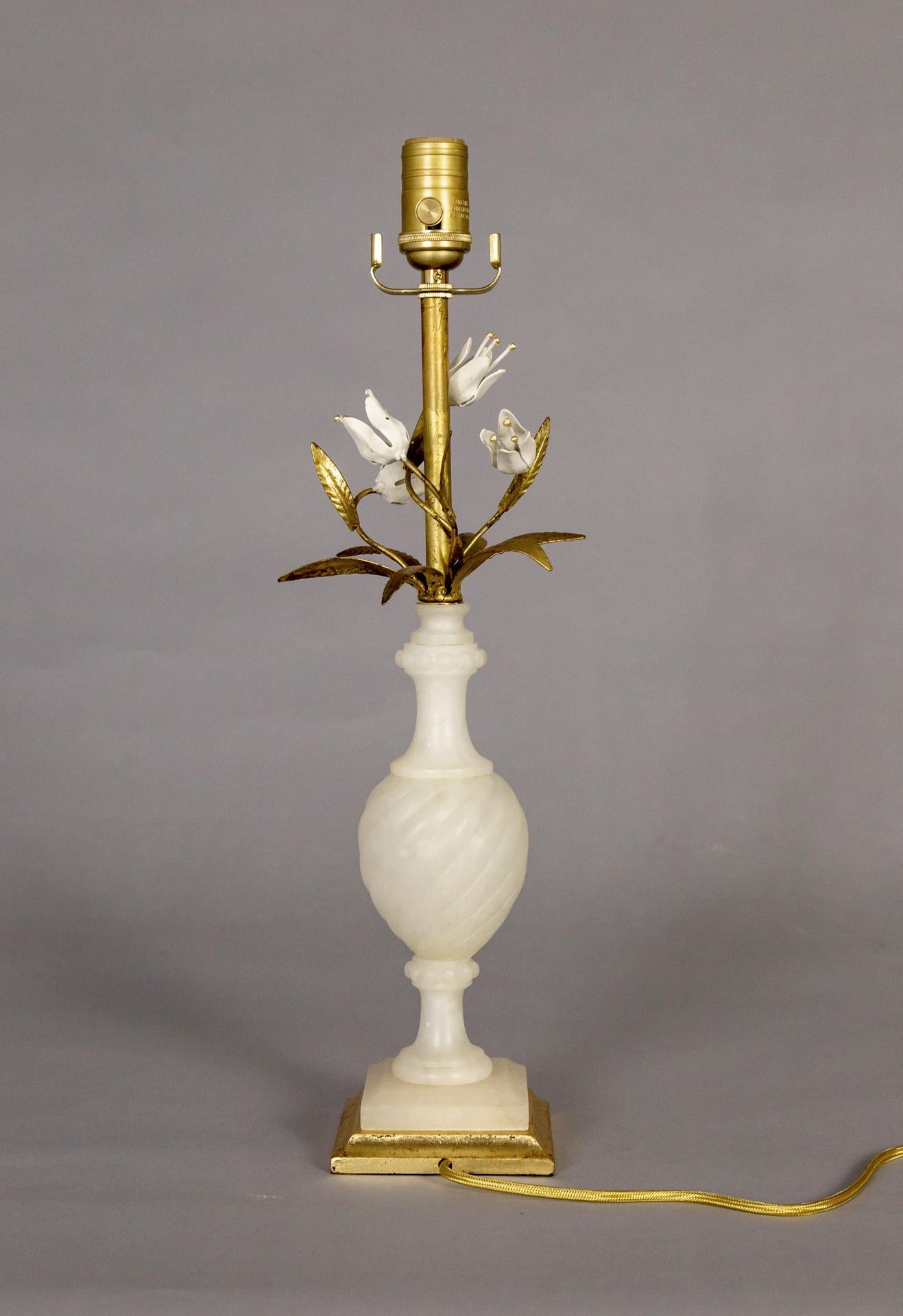 Carved Alabaster Balustraude Gilt Tole Flower Table Lamp