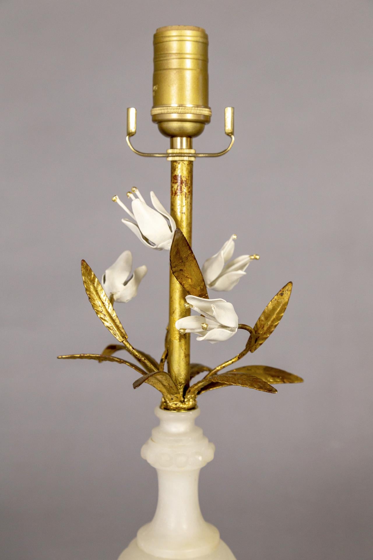 Metal Alabaster Balustraude Gilt Tole Flower Table Lamp