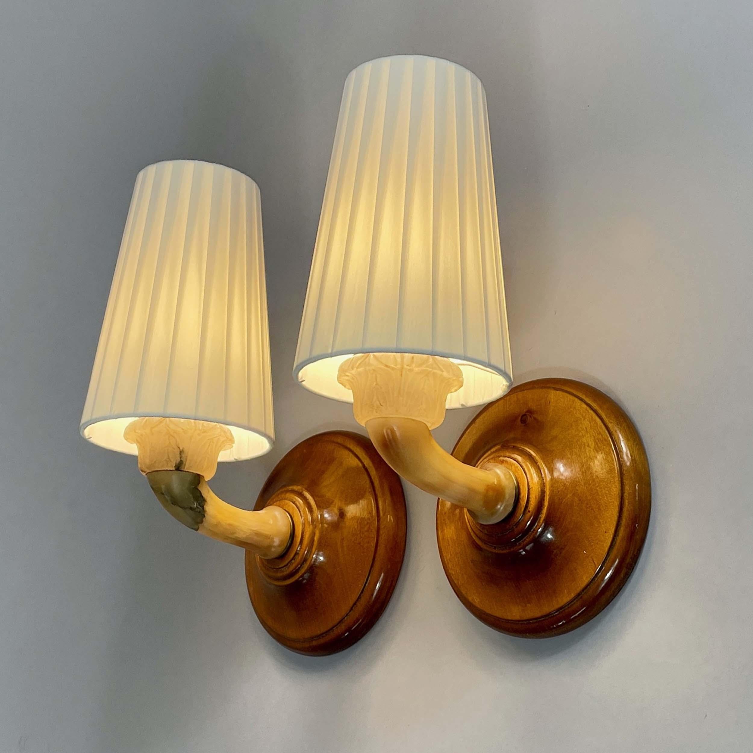 Alabaster, Birch and Pleated Fabric Wall Lights, Sweden 1920s For Sale 4
