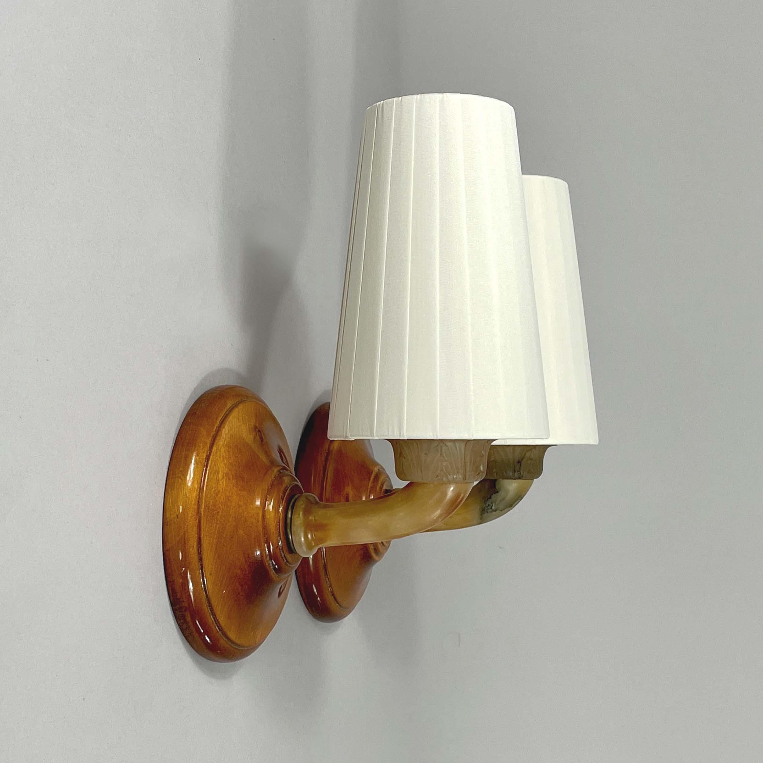 Alabaster, Birch and Pleated Fabric Wall Lights, Sweden 1920s For Sale 6