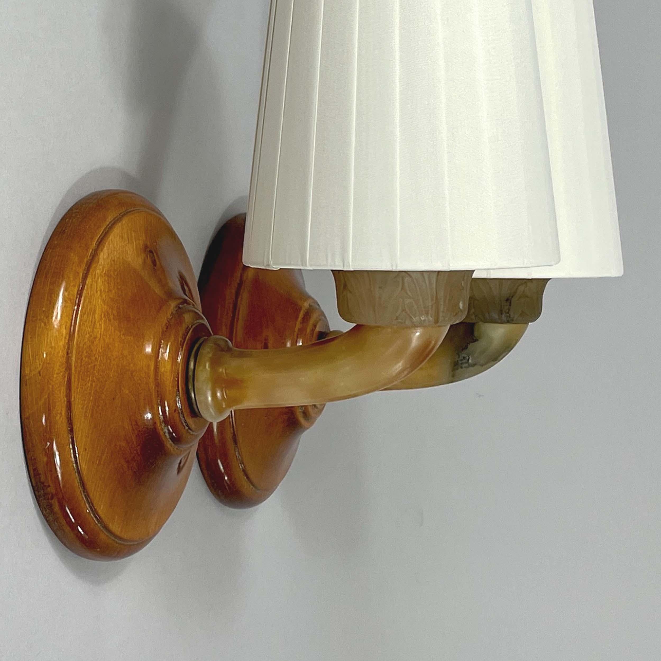 Alabaster, Birch and Pleated Fabric Wall Lights, Sweden 1920s For Sale 7