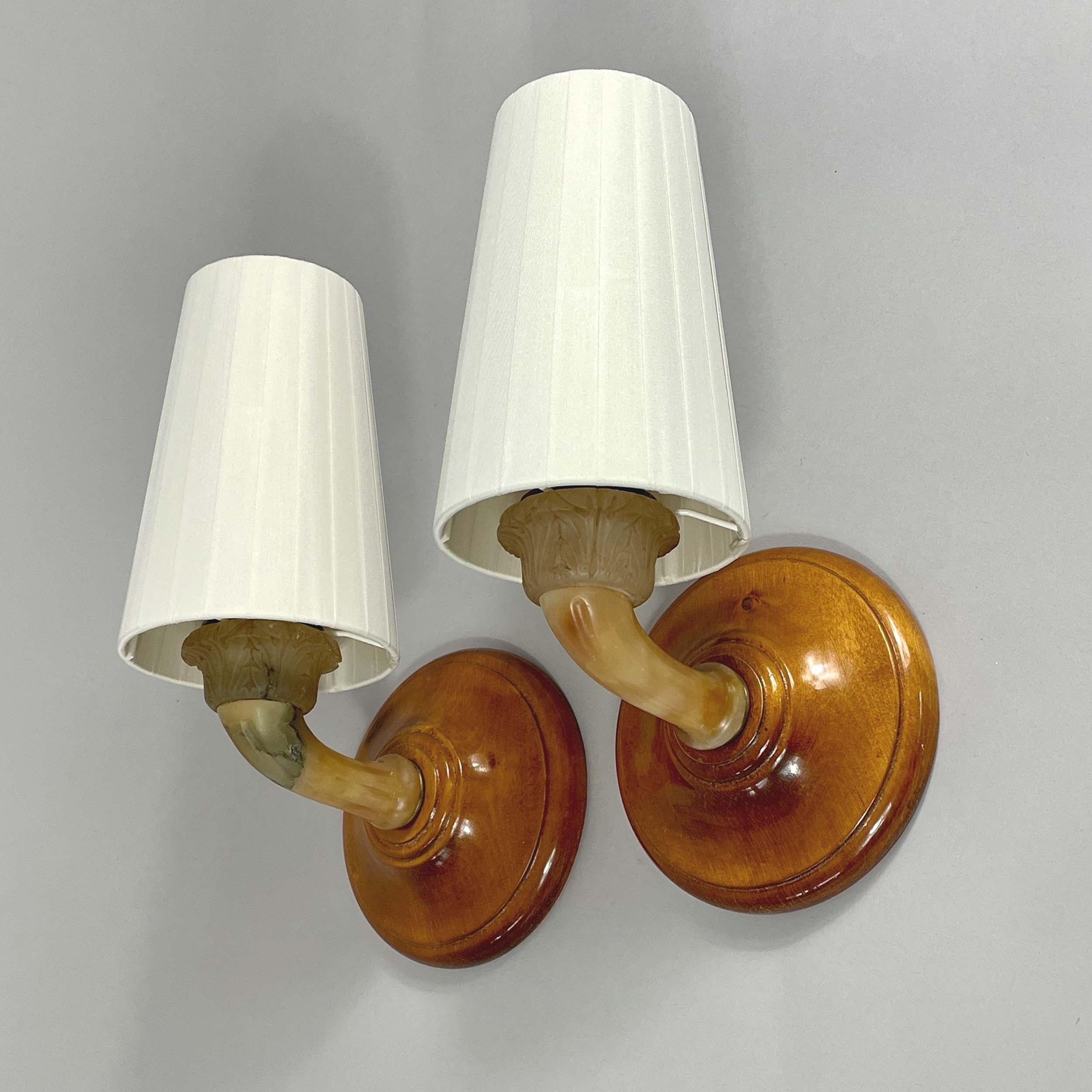 Alabaster, Birch and Pleated Fabric Wall Lights, Sweden 1920s For Sale 8