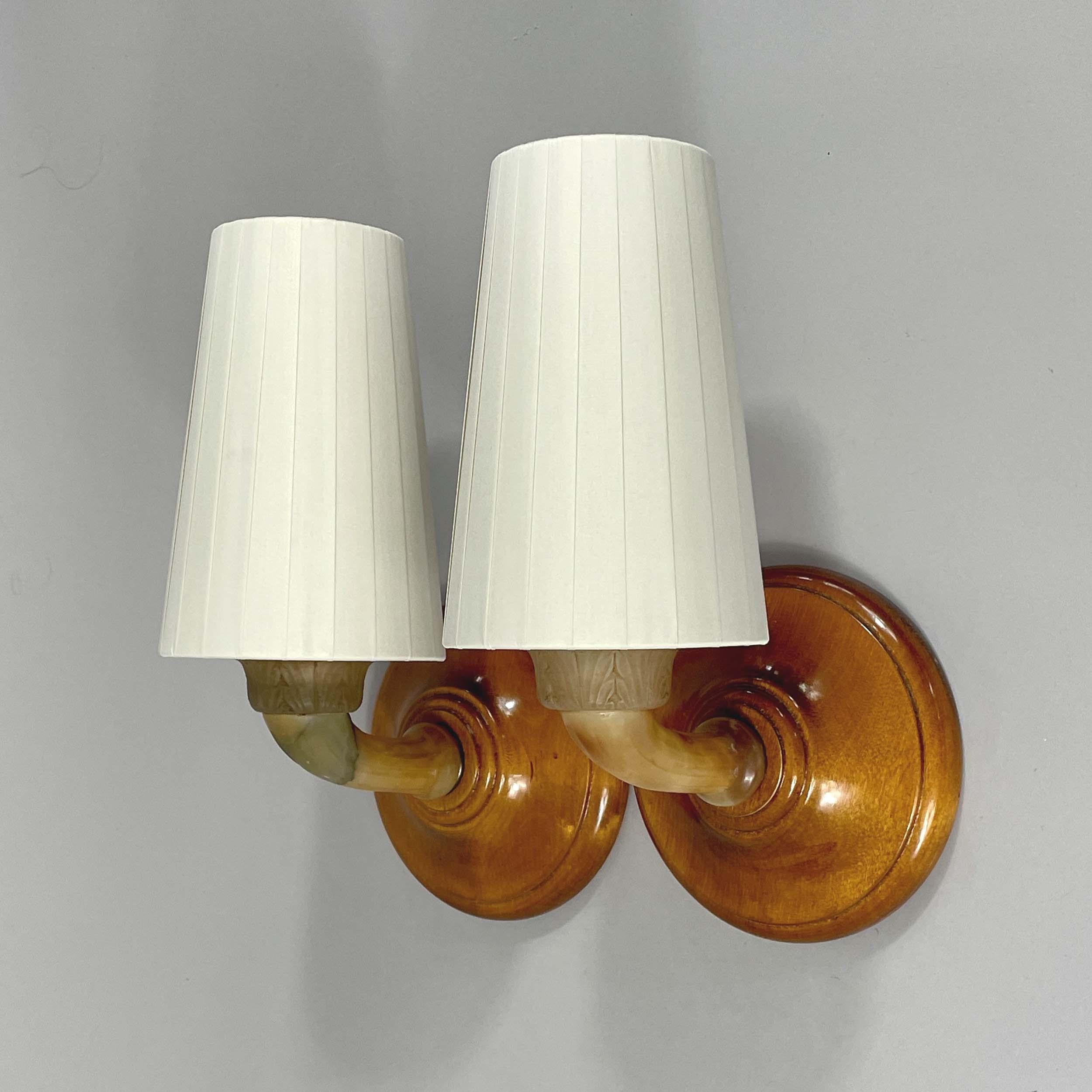 Alabaster, Birch and Pleated Fabric Wall Lights, Sweden 1920s For Sale 9