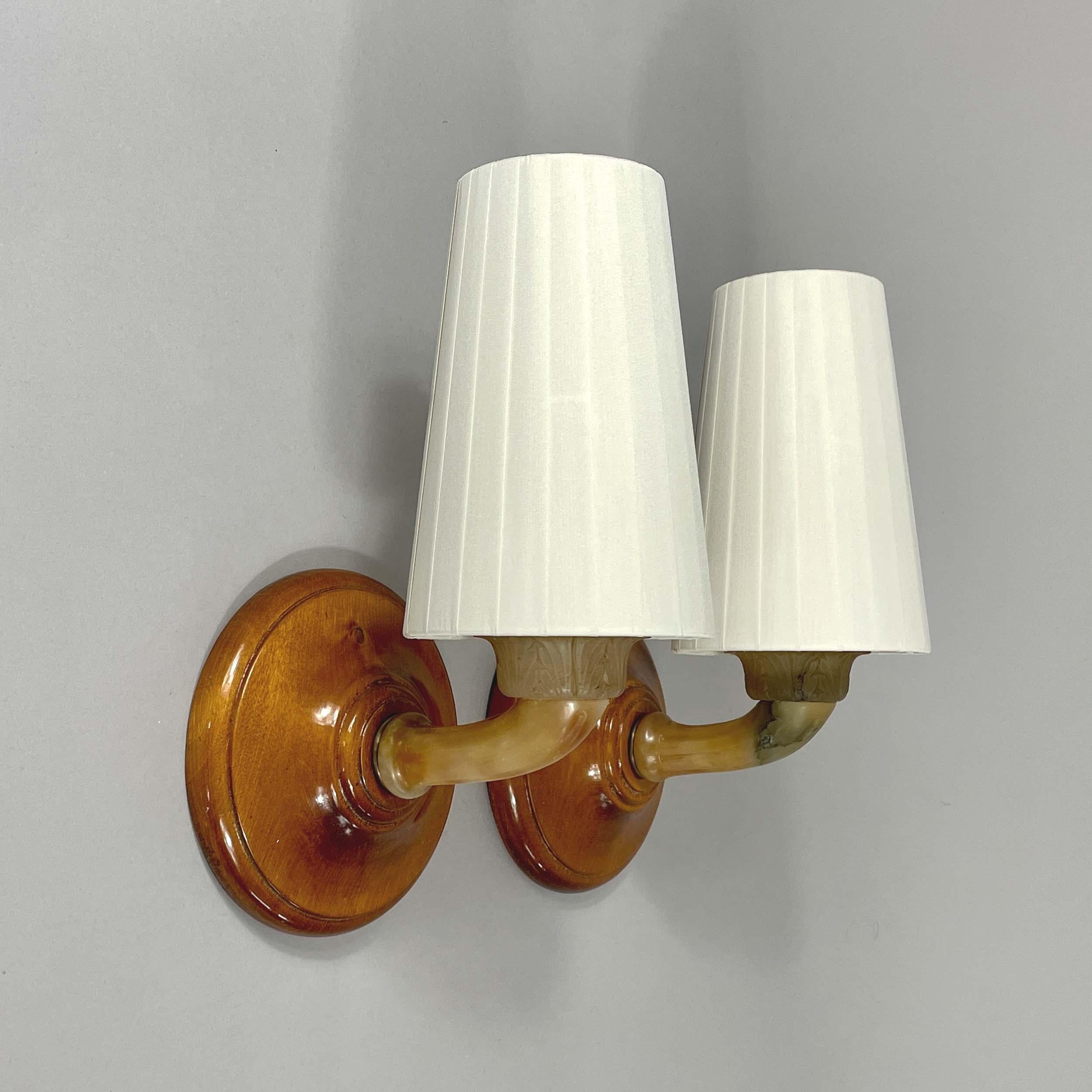Alabaster, Birch and Pleated Fabric Wall Lights, Sweden 1920s For Sale 10
