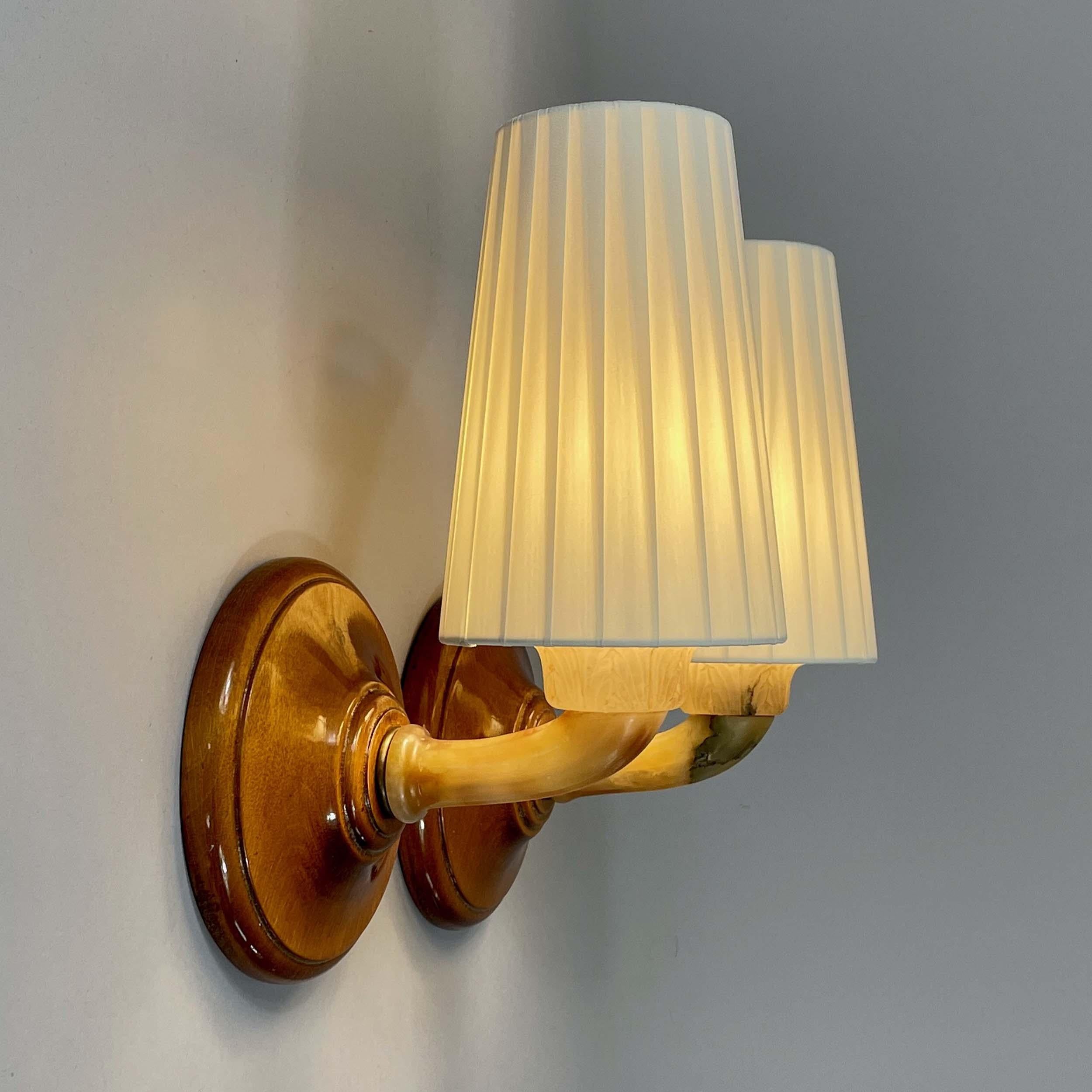 Art Deco Alabaster, Birch and Pleated Fabric Wall Lights, Sweden 1920s For Sale