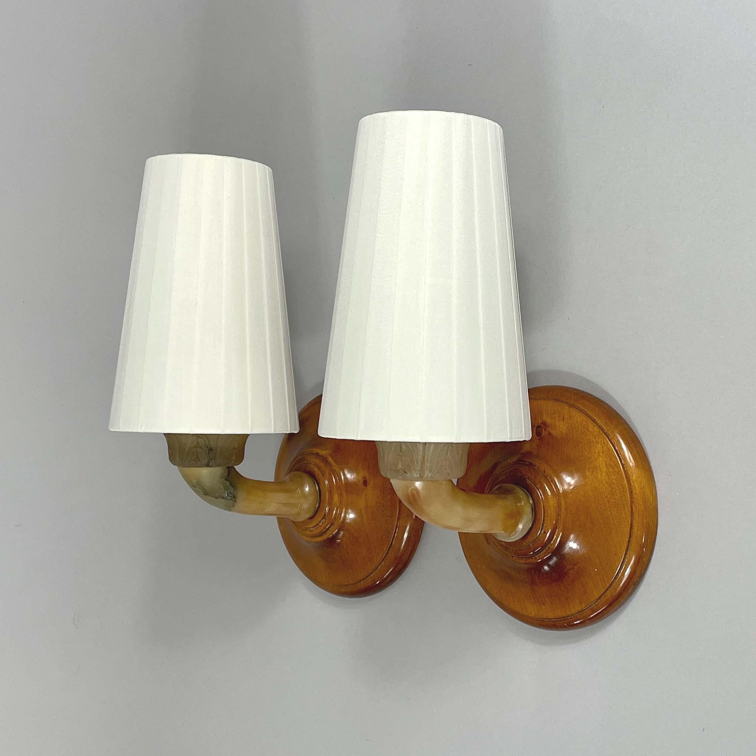 Swedish Alabaster, Birch and Pleated Fabric Wall Lights, Sweden 1920s For Sale