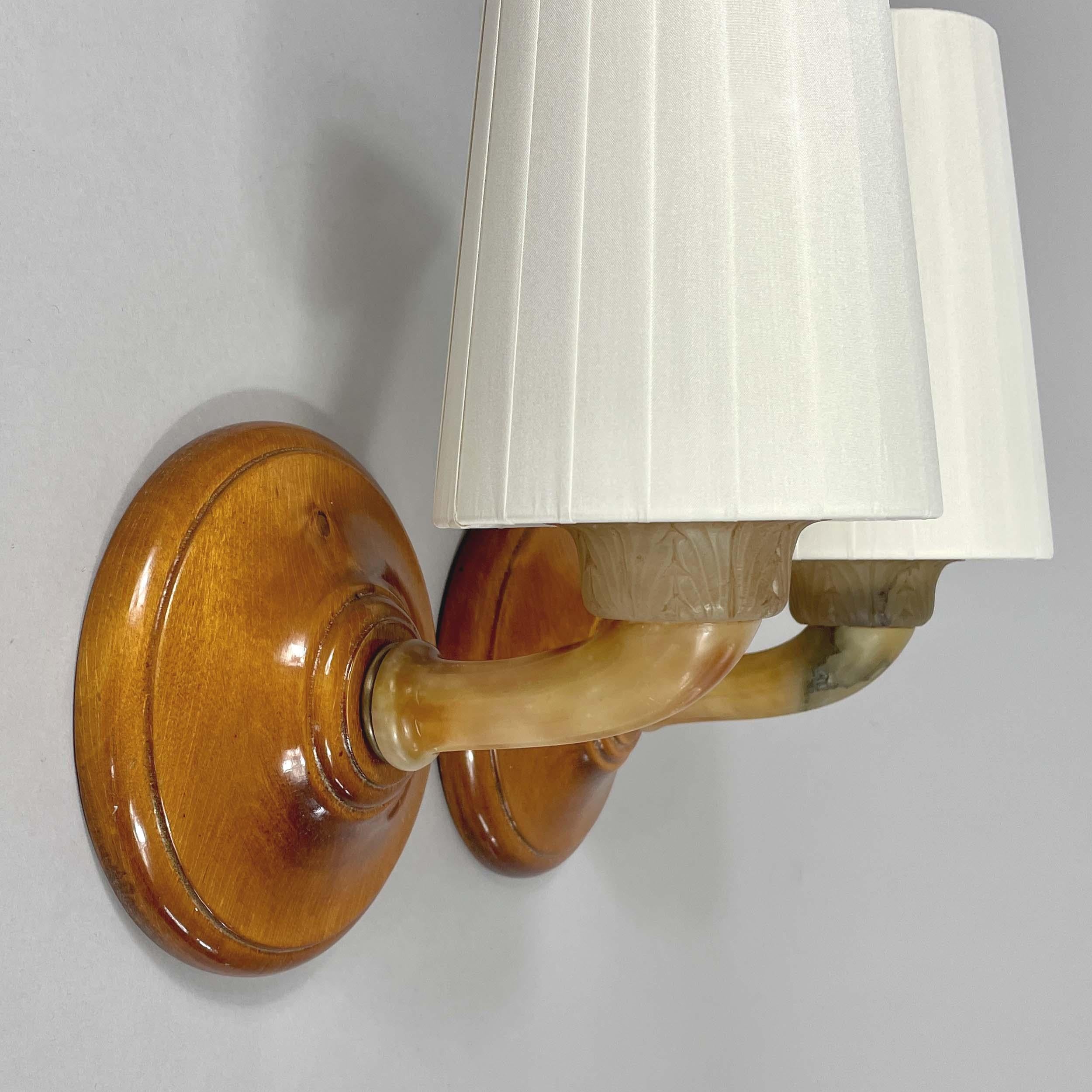 Alabaster, Birch and Pleated Fabric Wall Lights, Sweden 1920s In Good Condition For Sale In NUEMBRECHT, NRW
