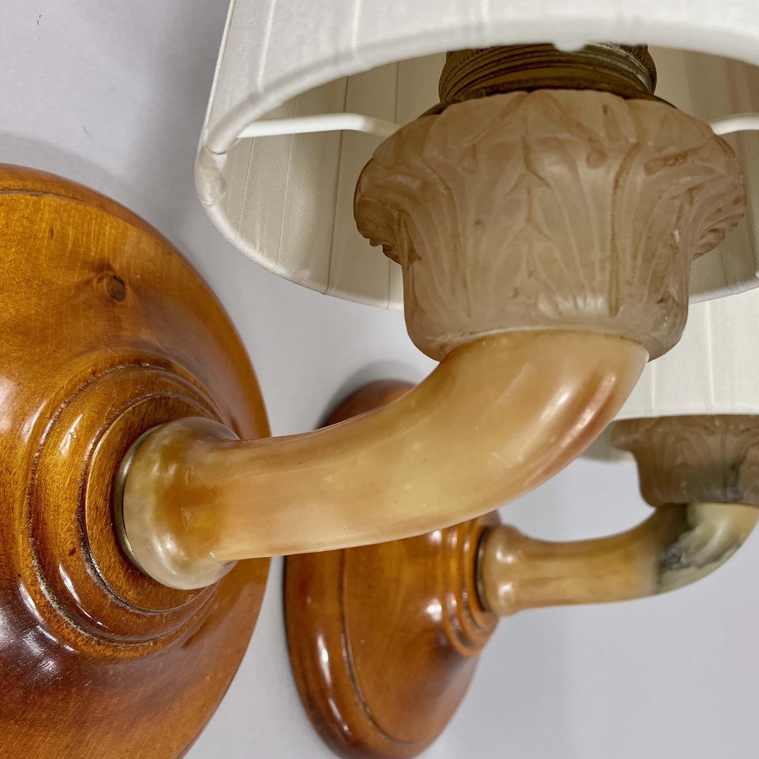 Early 20th Century Alabaster, Birch and Pleated Fabric Wall Lights, Sweden 1920s For Sale