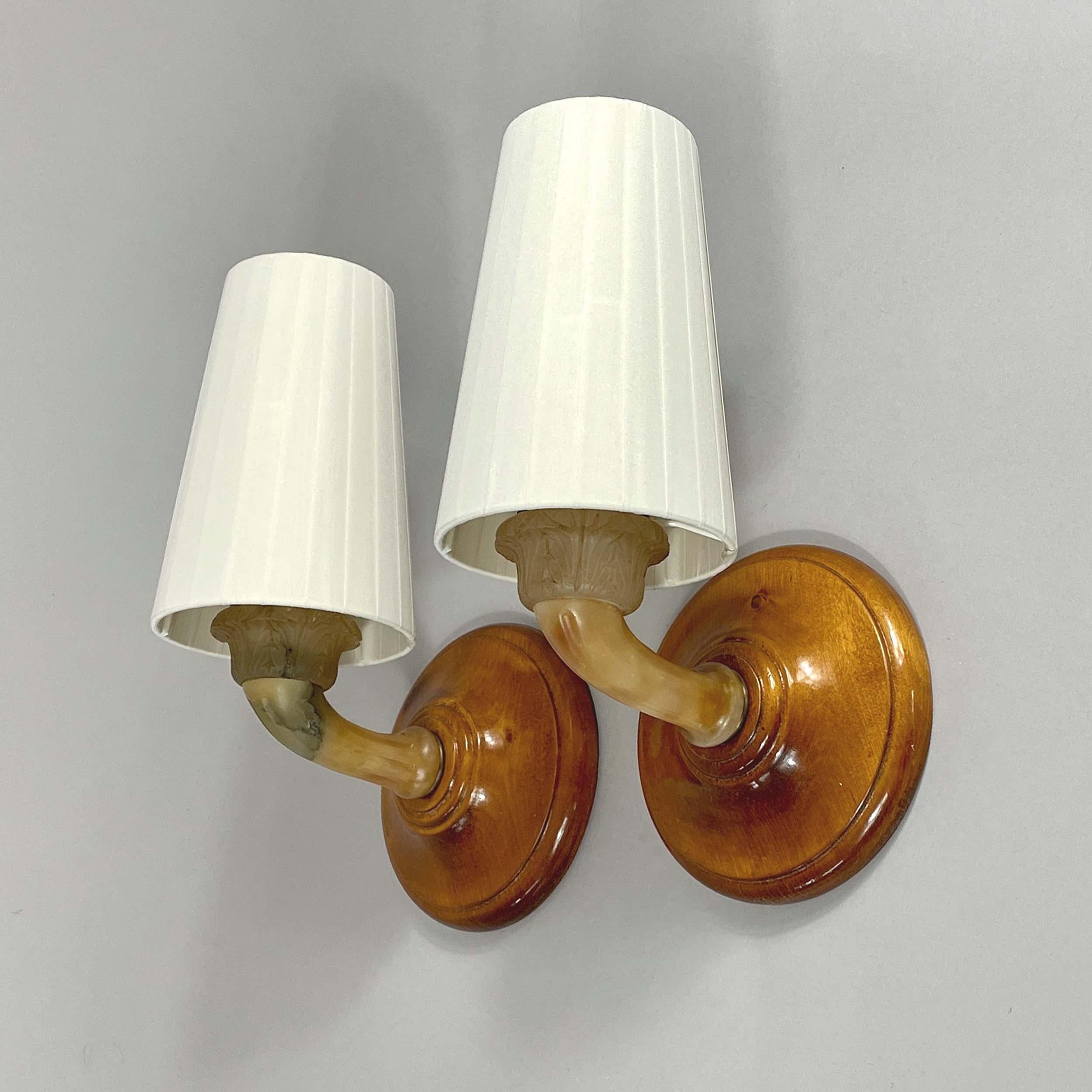 Alabaster, Birch and Pleated Fabric Wall Lights, Sweden 1920s For Sale 1