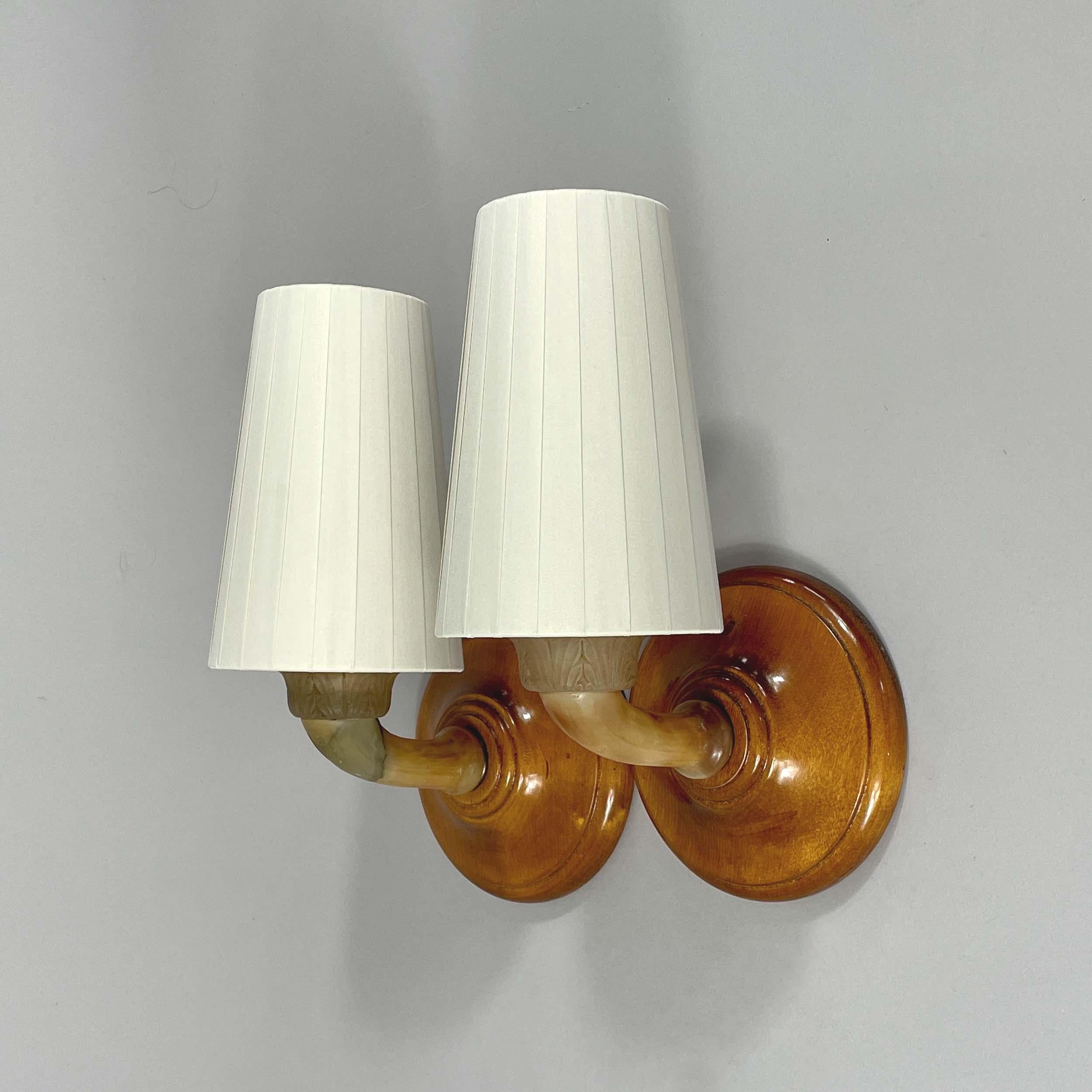 Alabaster, Birch and Pleated Fabric Wall Lights, Sweden 1920s For Sale 3