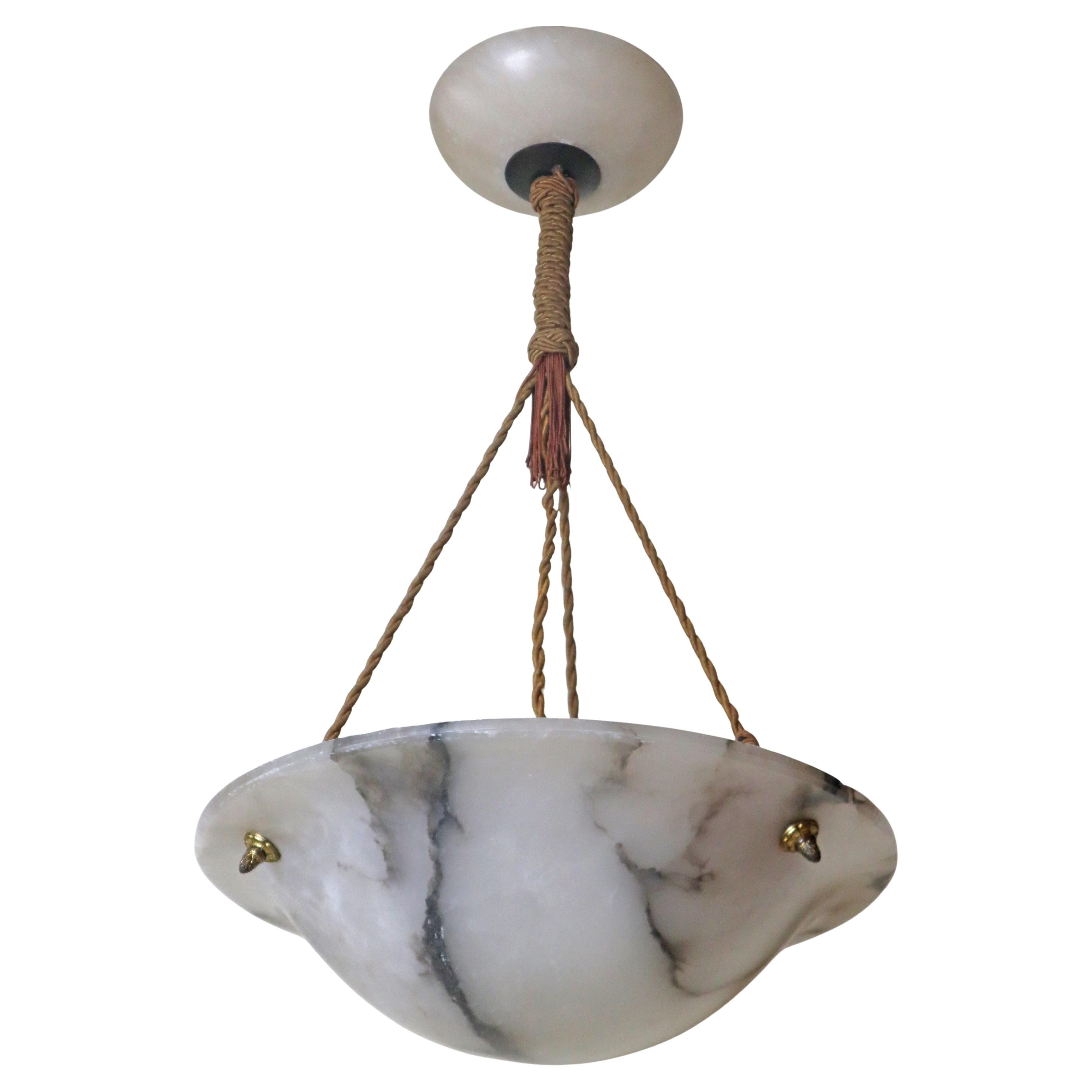 Alabaster Bowl Pendant Lamp, Art Deco Style, Fire-Gilded Screws, 1930 in vendita