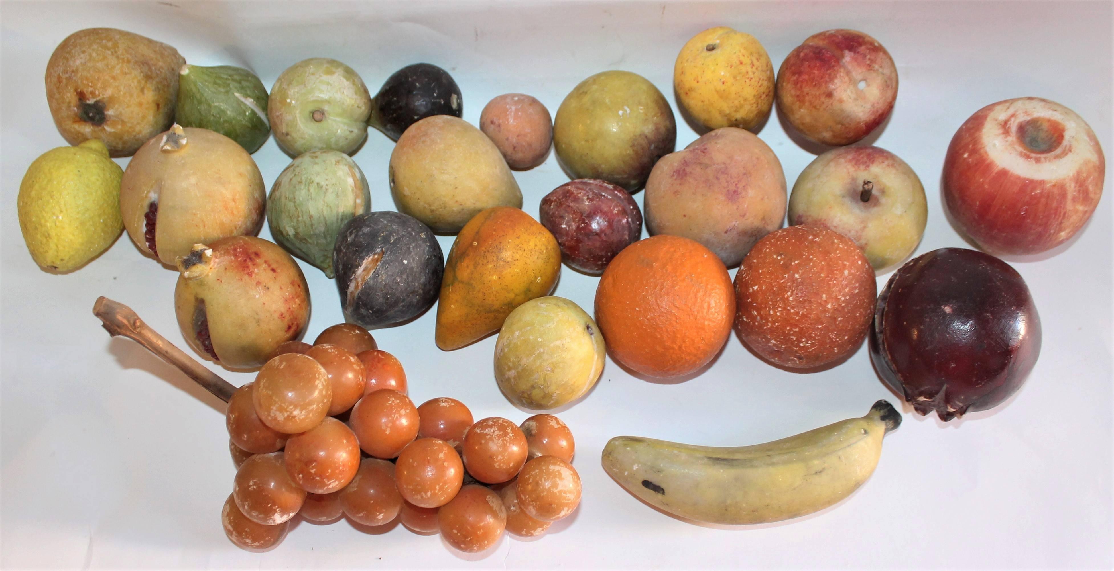 Folk Art Alabaster Bowl with 25 Pieces Stone Fruit Collection