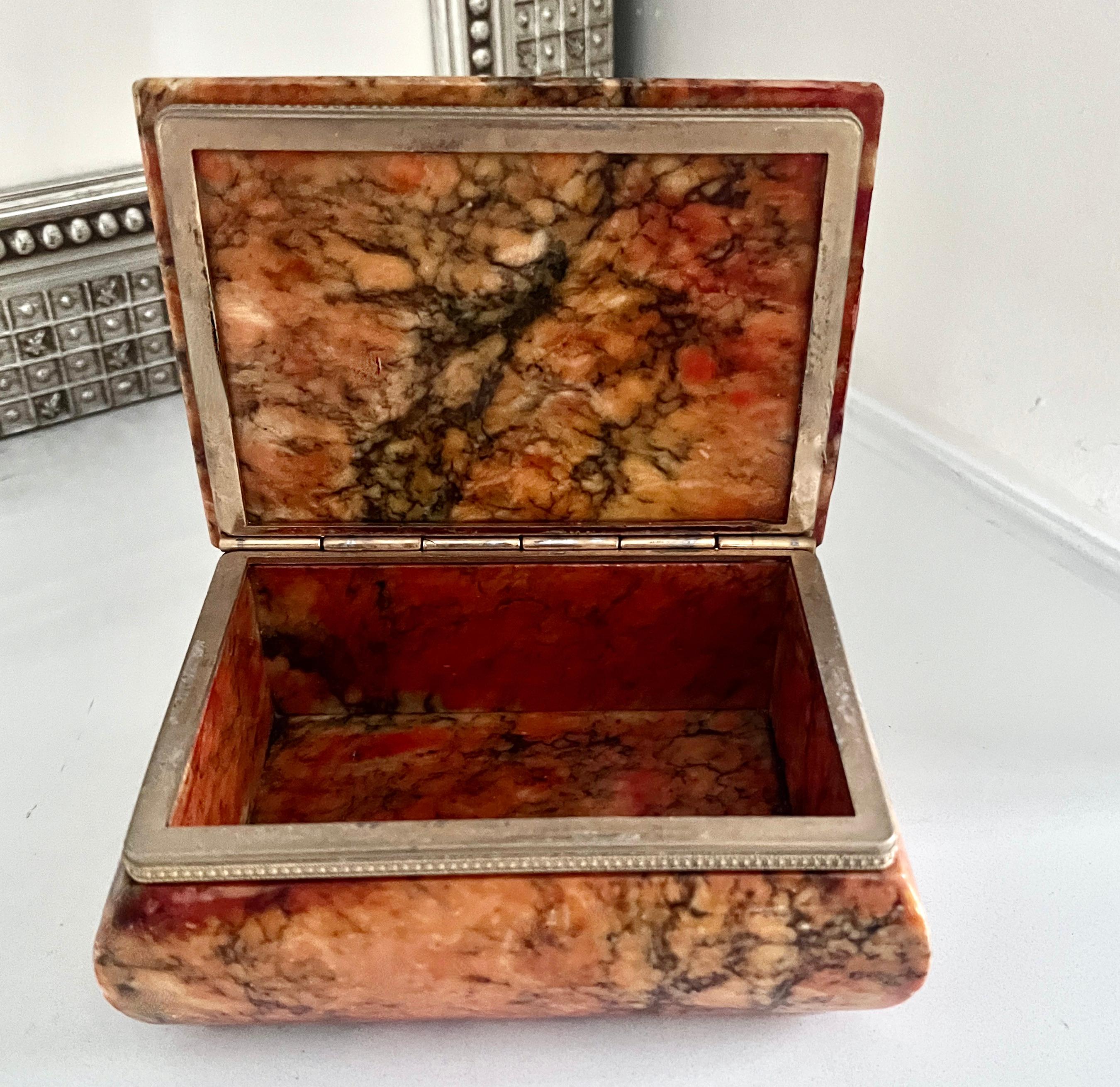 Hand-Crafted Alabaster Box with Brass Trim  For Sale