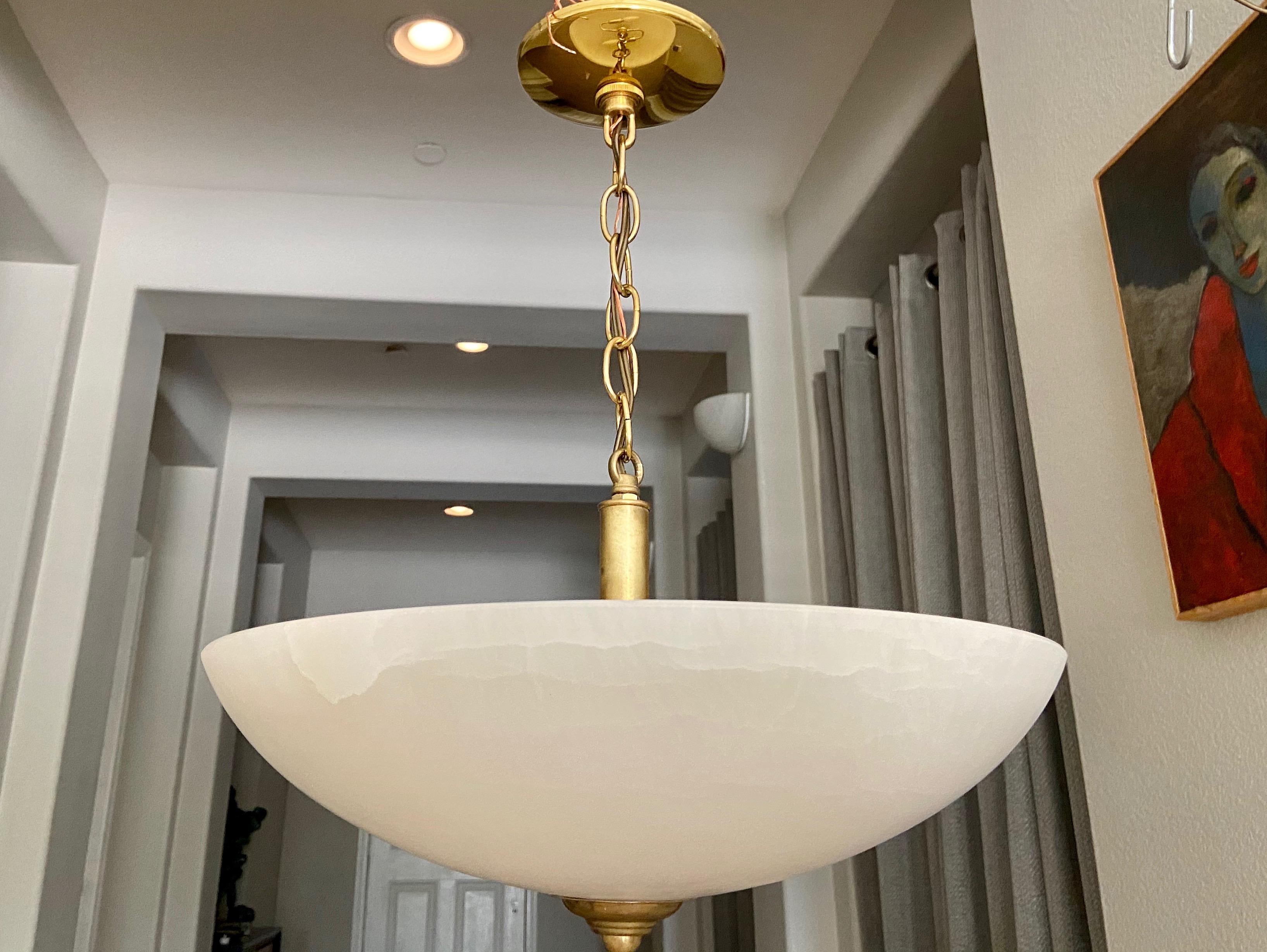 Alabaster Brass Chandelier Pendant Ceiling Light In Good Condition In Palm Springs, CA