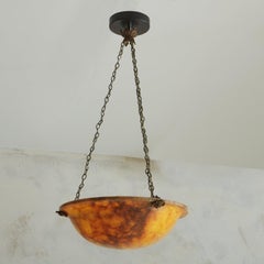 "Alabaster + Bronze Rosette Dome Pendant Light, France 1960s "