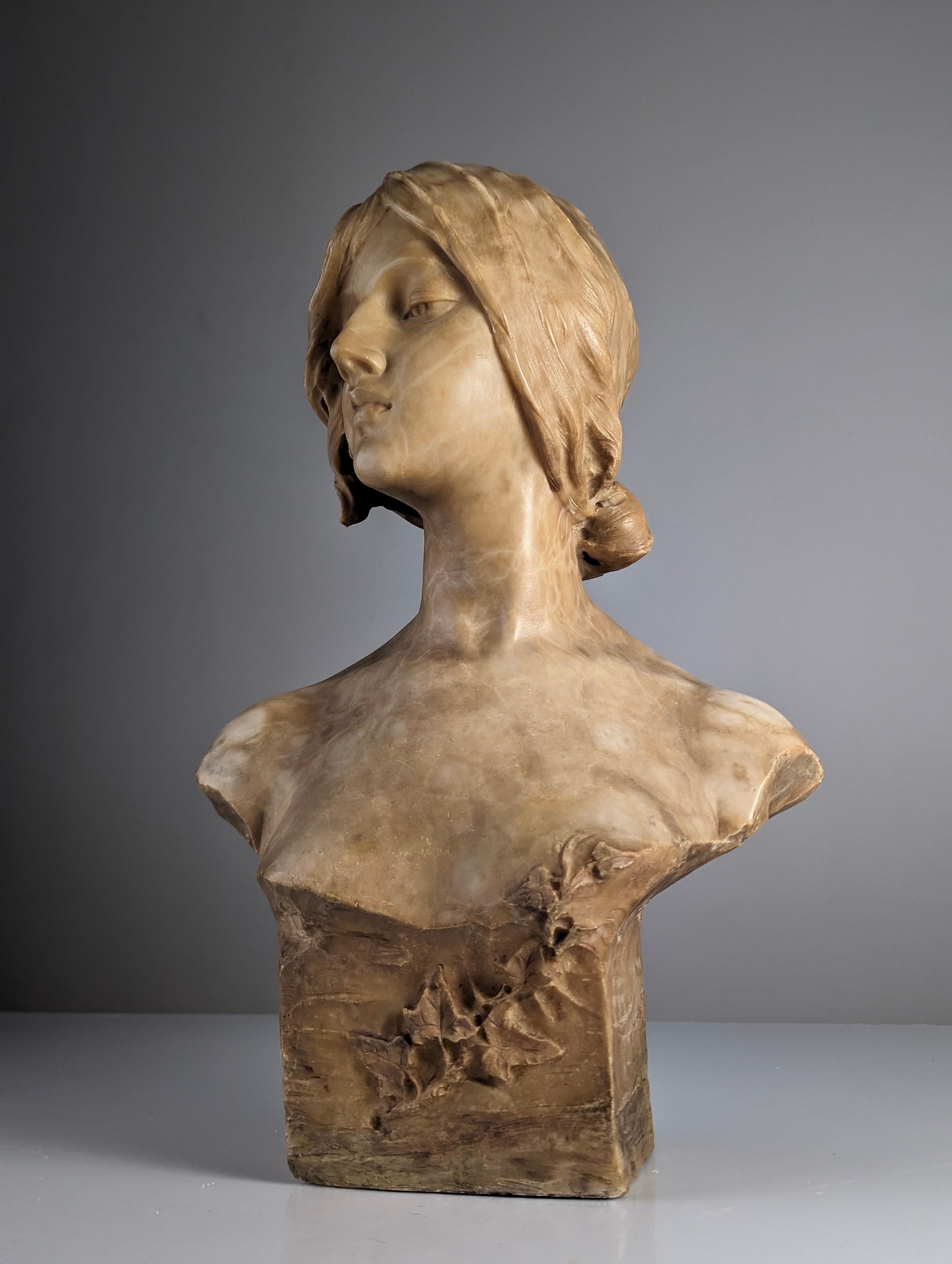 Italian Alabaster Bust 'Giovane Donna' by Antonio Frilli, Signed 19th Century