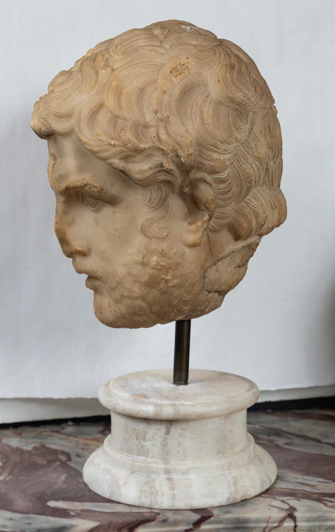 Hand-Carved Alabaster Bust of a Greek or Roman Male on a Marble  Base