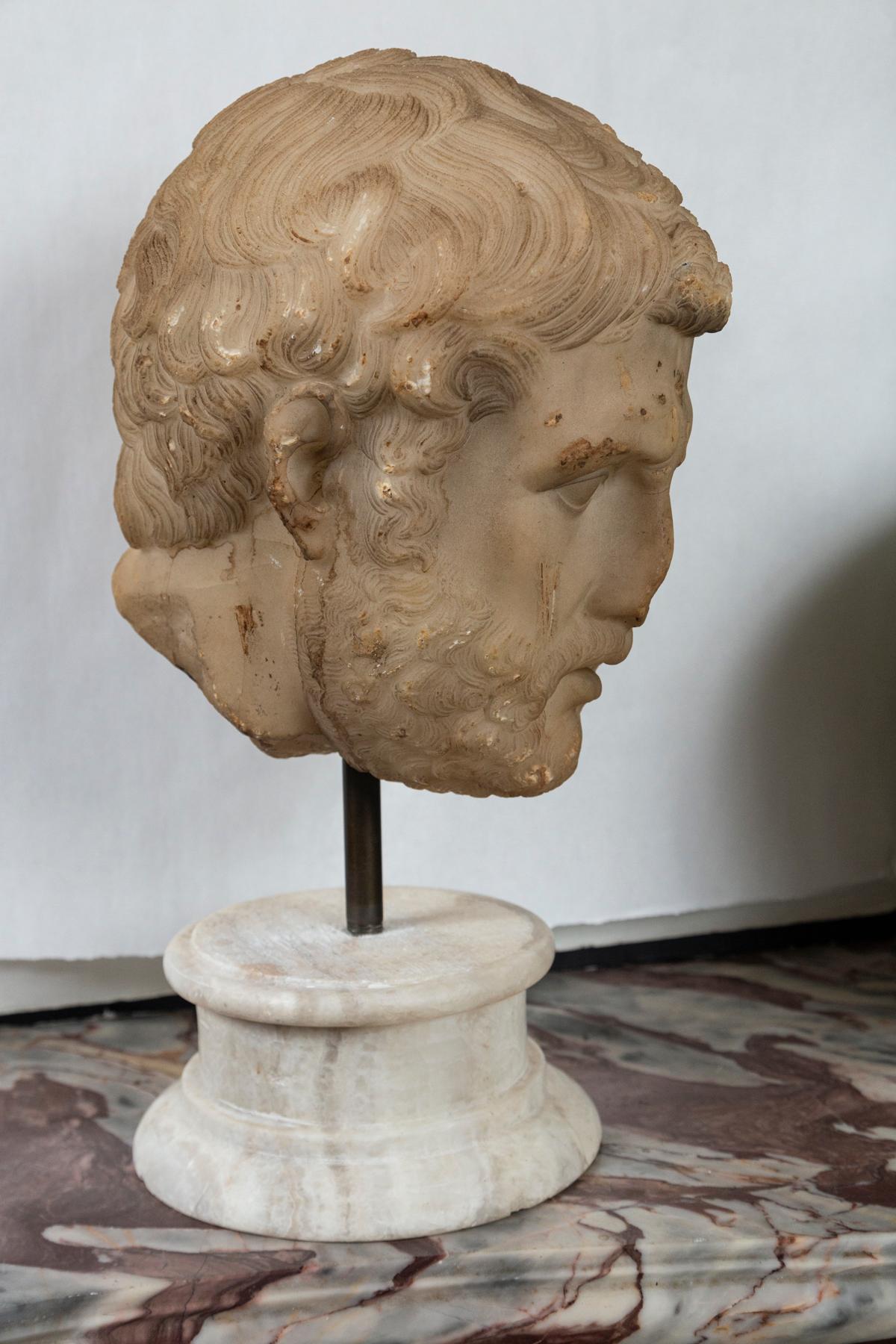 Alabaster Bust of a Greek or Roman Male on a Marble  Base In Distressed Condition In Woodbury, CT