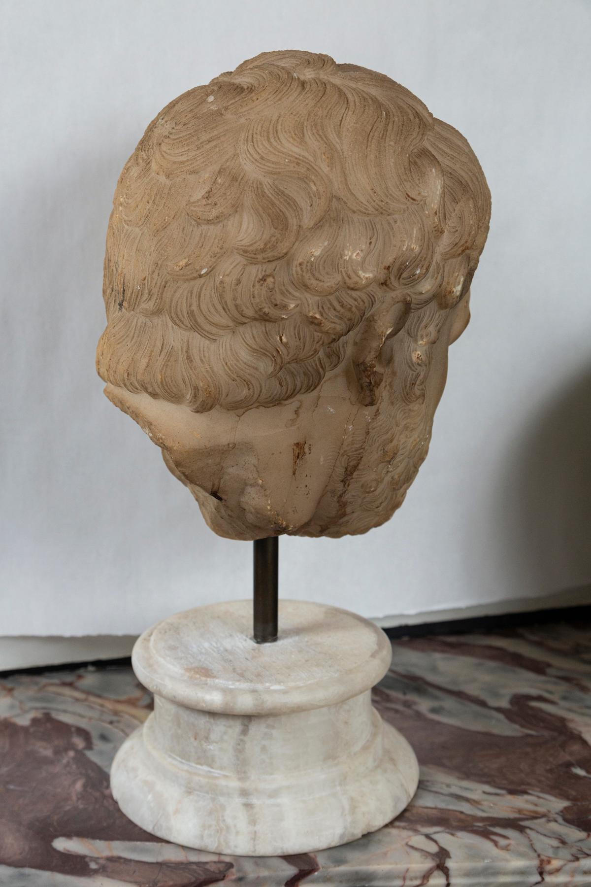Mid-18th Century Alabaster Bust of a Greek or Roman Male on a Marble  Base