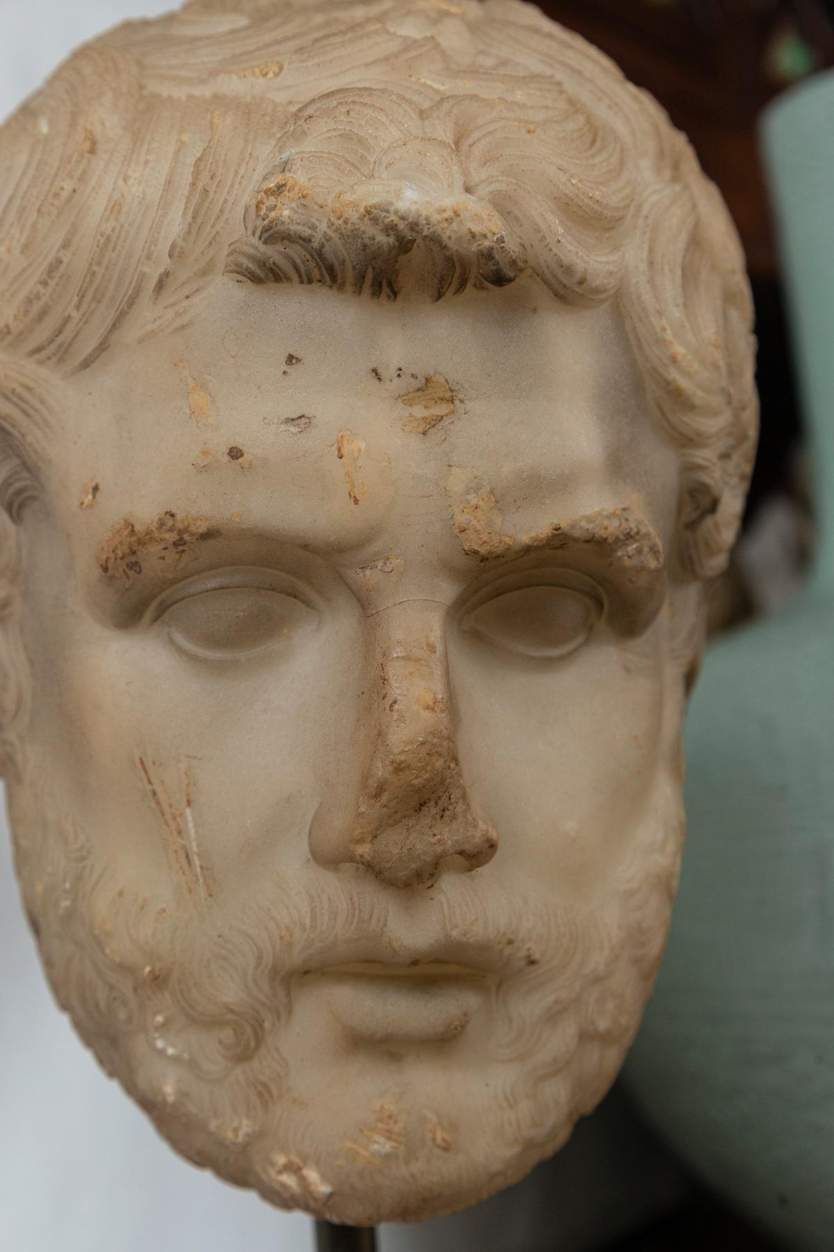 Alabaster Bust of a Greek or Roman Male on a Marble  Base 4