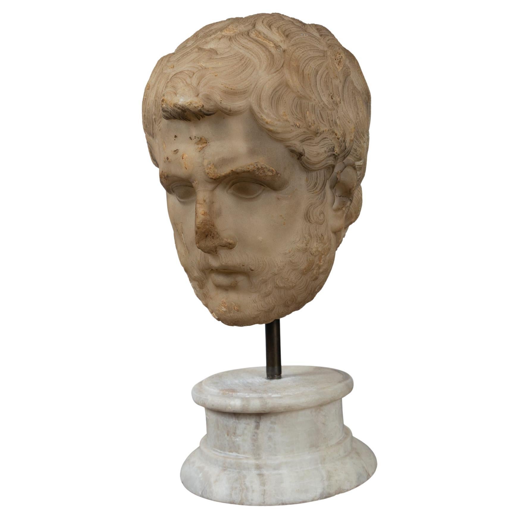 Alabaster Bust of a Greek or Roman Male on a Marble  Base